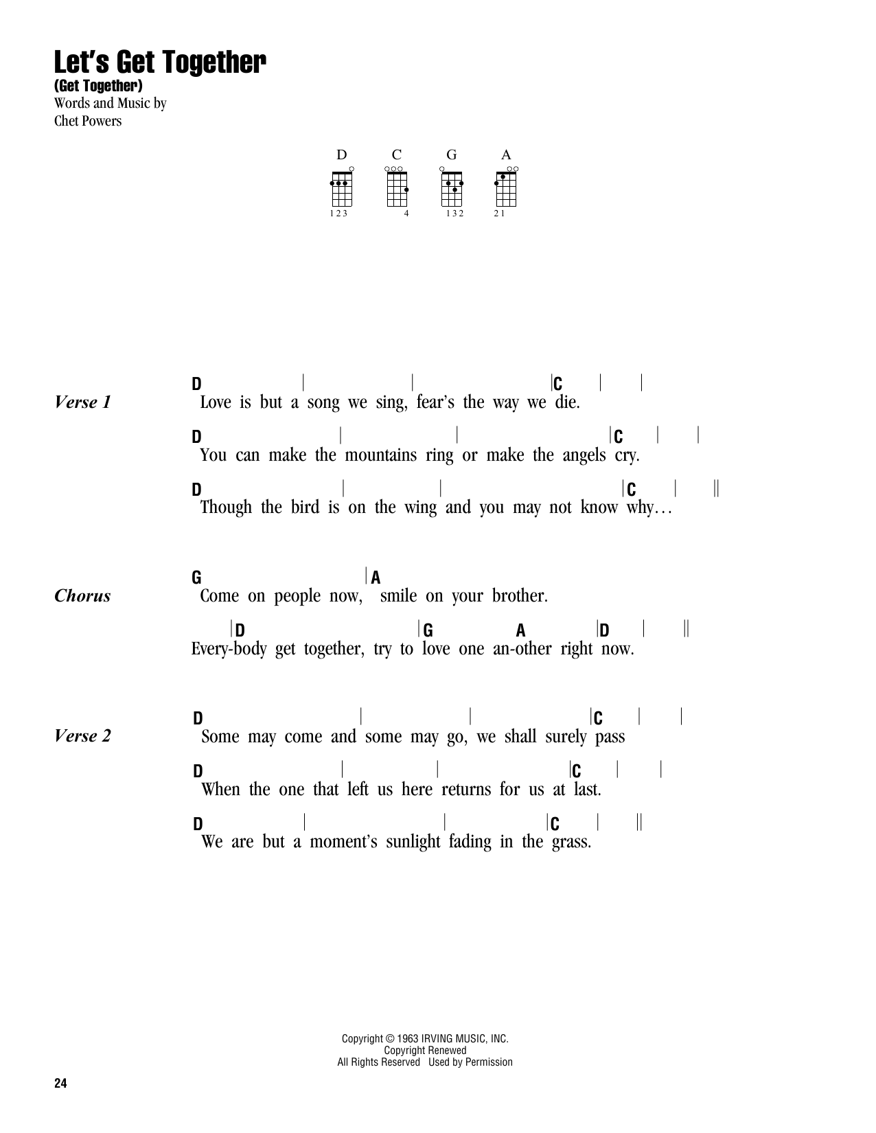 The Youngbloods Let's Get Together (Get Together) Sheet Music Notes & Chords for Ukulele with strumming patterns - Download or Print PDF