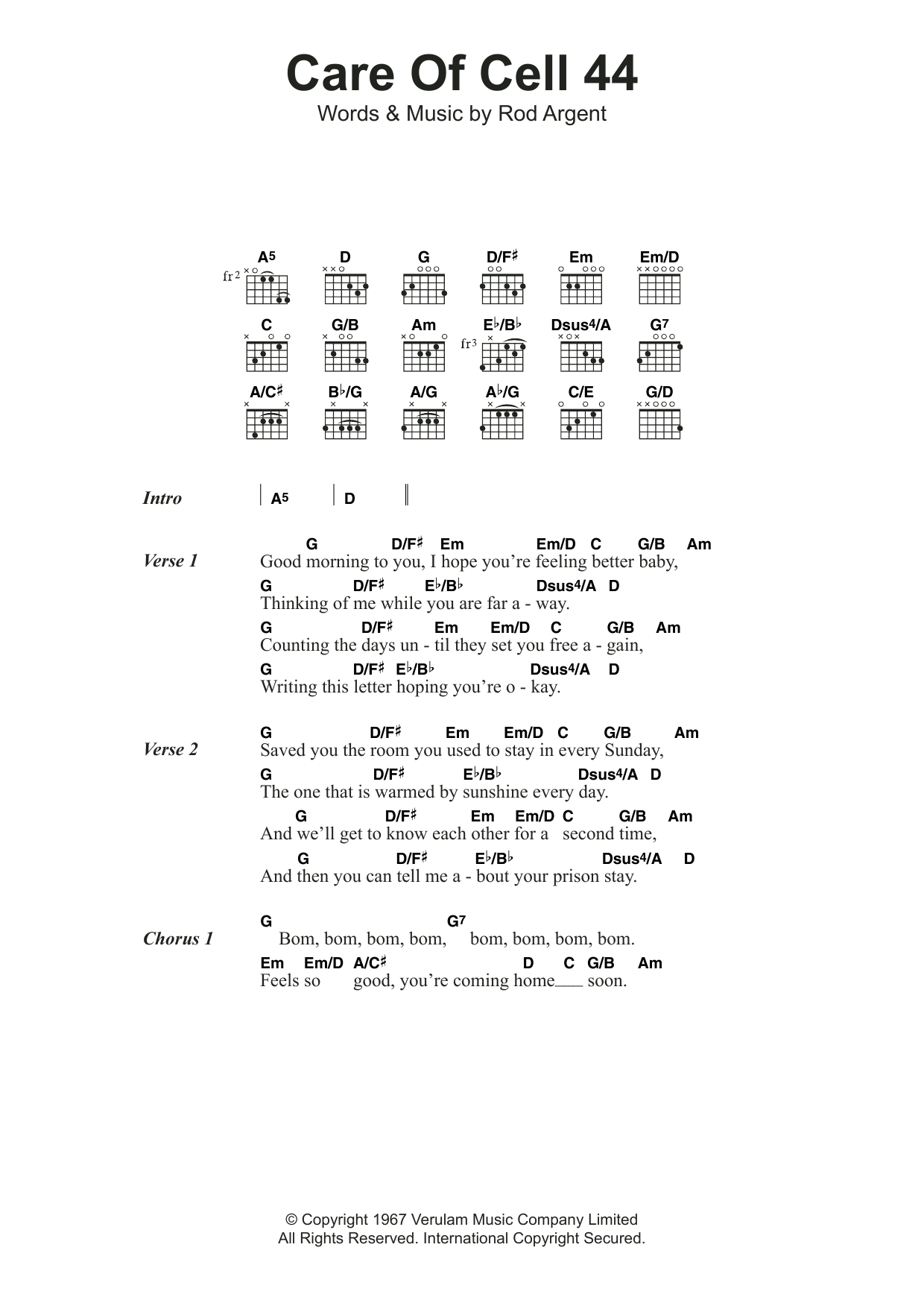 The Zombies Care Of Cell 44 Sheet Music Notes & Chords for Lyrics & Chords - Download or Print PDF