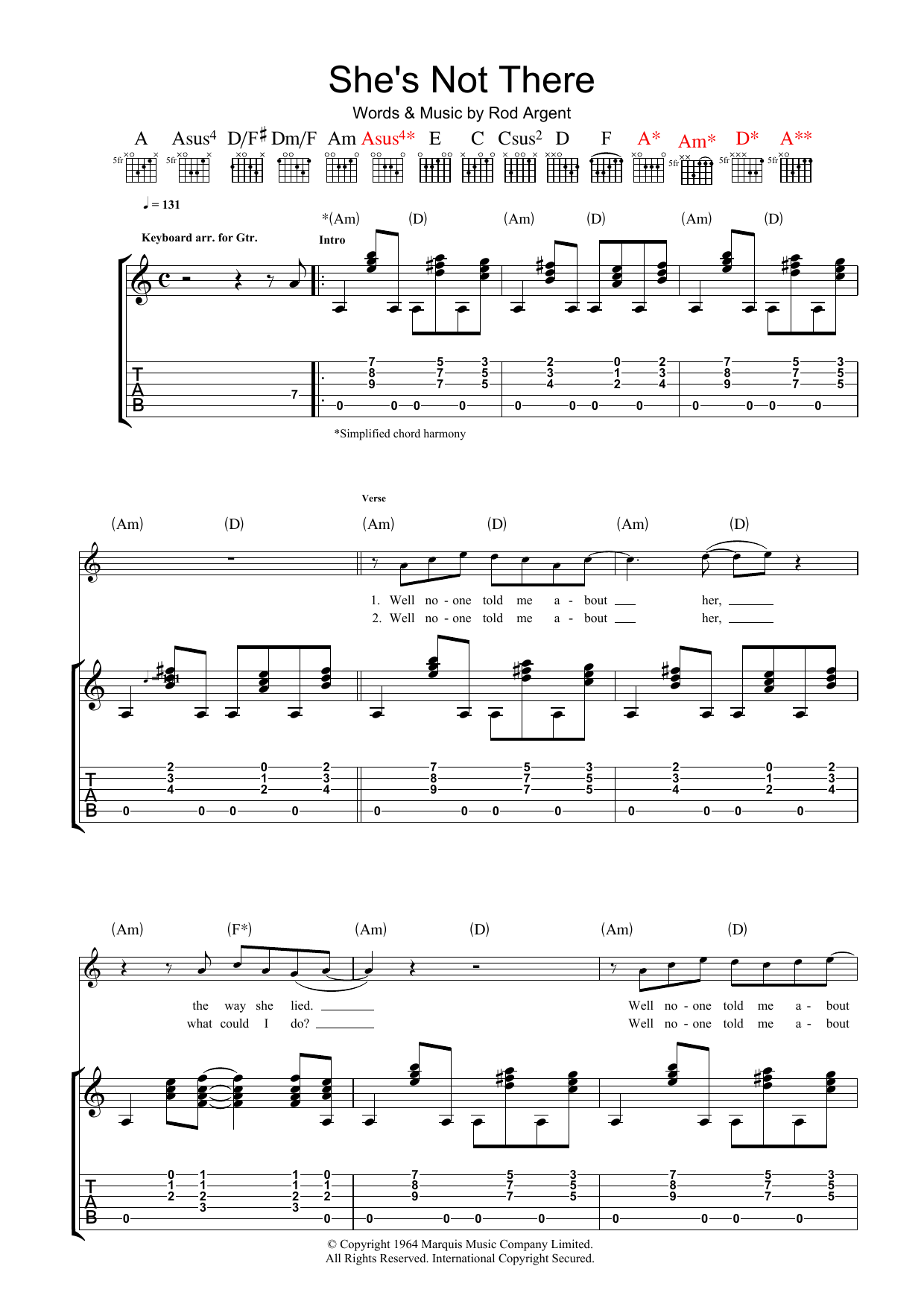 The Zombies She's Not There Sheet Music Notes & Chords for Piano, Vocal & Guitar - Download or Print PDF
