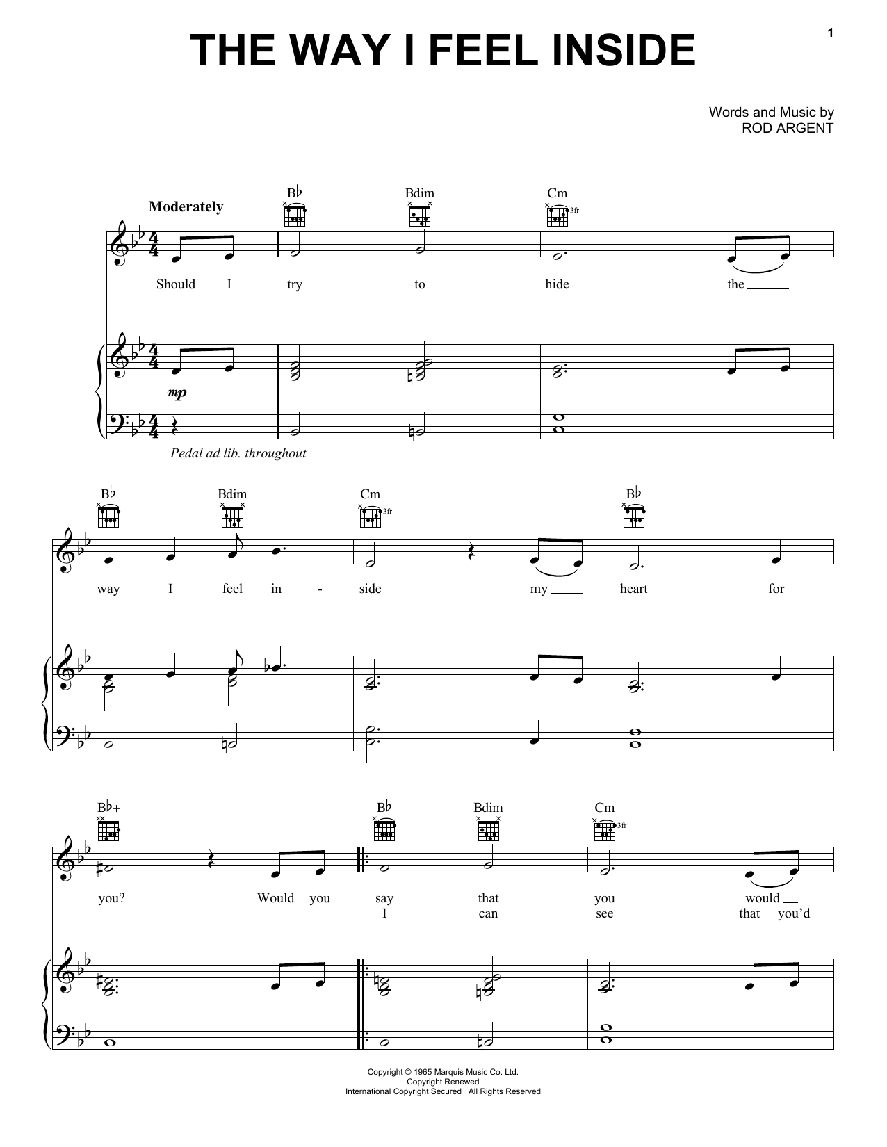 The Zombies The Way I Feel Inside Sheet Music Notes & Chords for Piano, Vocal & Guitar (Right-Hand Melody) - Download or Print PDF