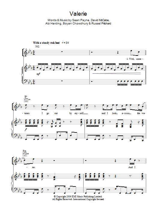 The Zutons Valerie Sheet Music Notes & Chords for Piano, Vocal & Guitar - Download or Print PDF