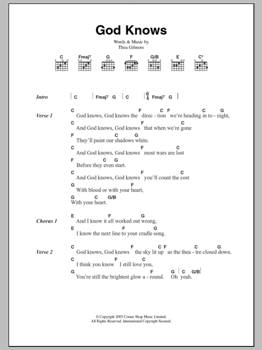 Thea Gilmore God Knows Sheet Music Notes & Chords for Guitar Chords/Lyrics - Download or Print PDF