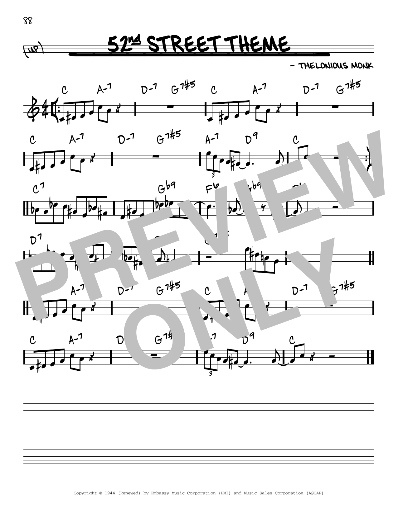 Thelonious Monk 52nd Street Theme Sheet Music Notes & Chords for Piano - Download or Print PDF