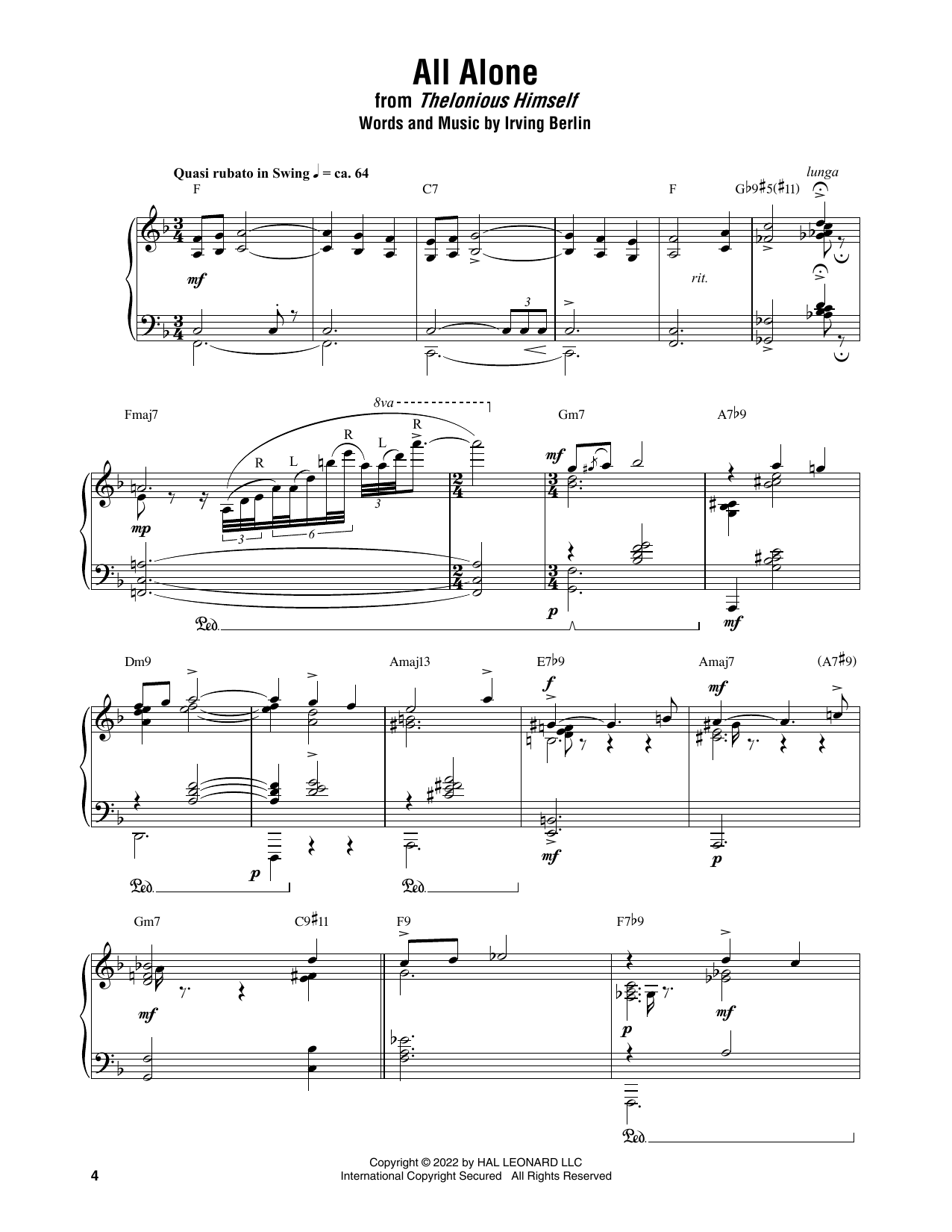 Thelonious Monk All Alone Sheet Music Notes & Chords for Piano Transcription - Download or Print PDF