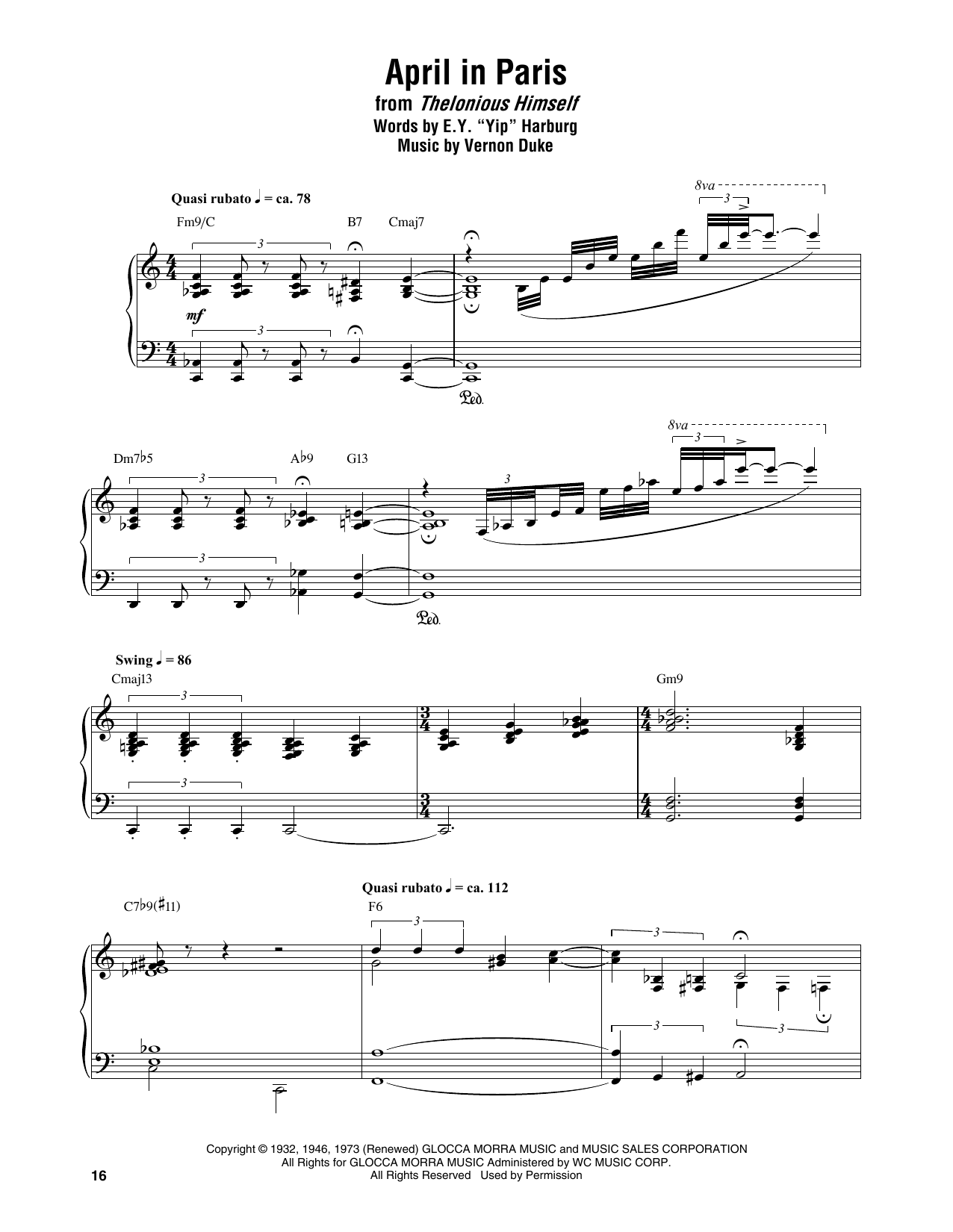 Thelonious Monk April In Paris Sheet Music Notes & Chords for Piano Transcription - Download or Print PDF