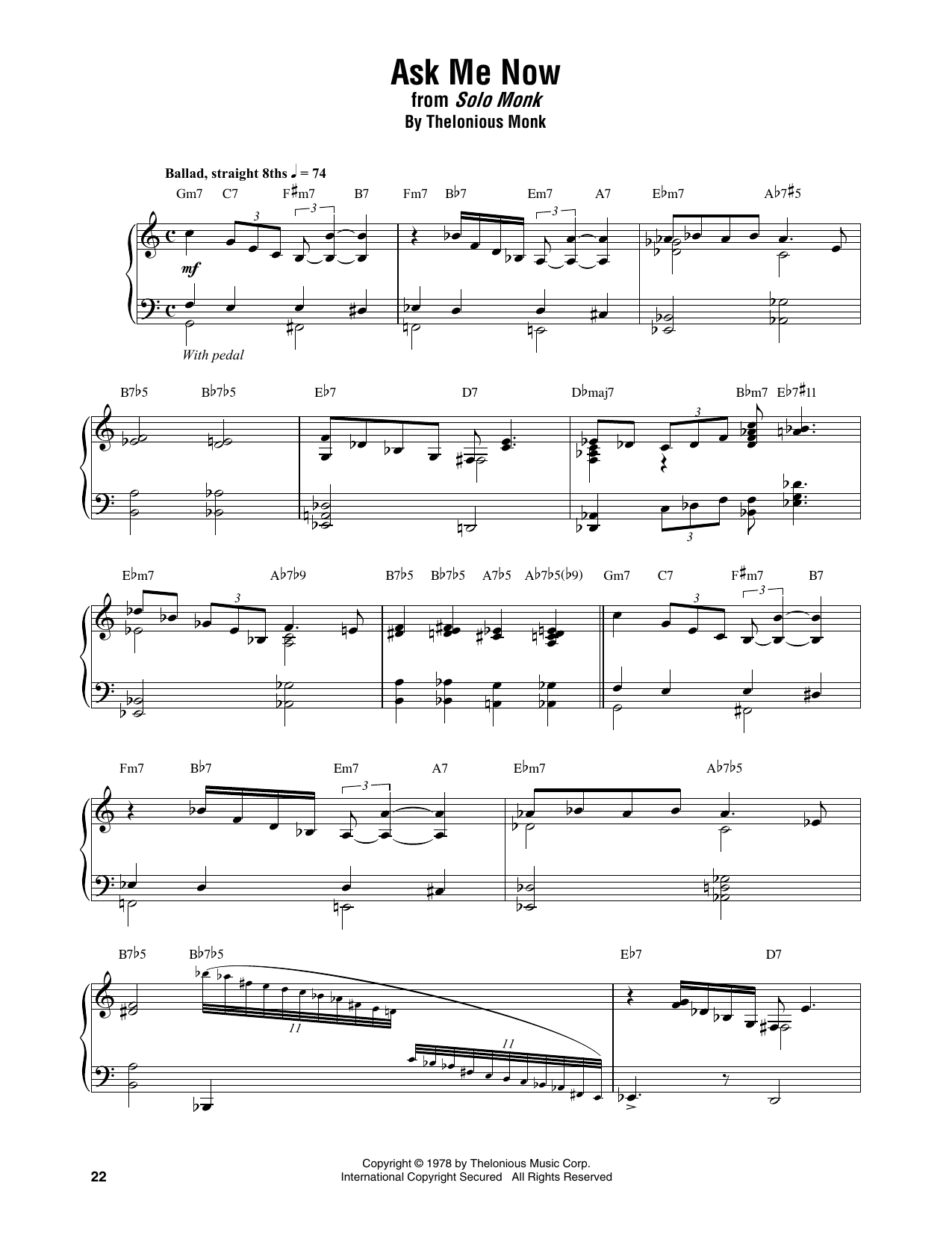 Thelonious Monk Ask Me Now Sheet Music Notes & Chords for Piano Transcription - Download or Print PDF