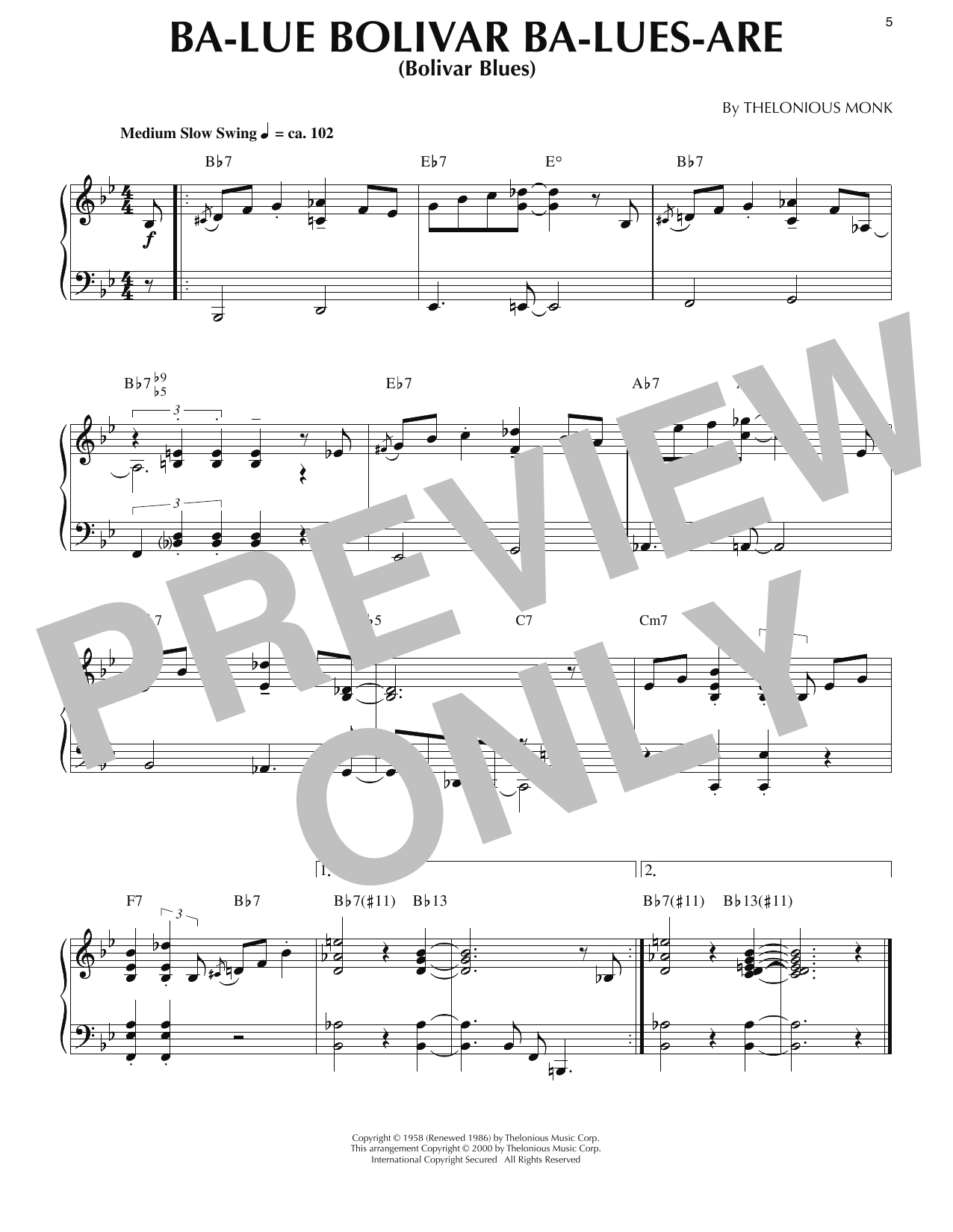 Thelonious Monk Ba-Lue Bolivar Ba-Lues-Are (Bolivar Blues) (arr. Ronnie Mathews) Sheet Music Notes & Chords for Piano Solo - Download or Print PDF