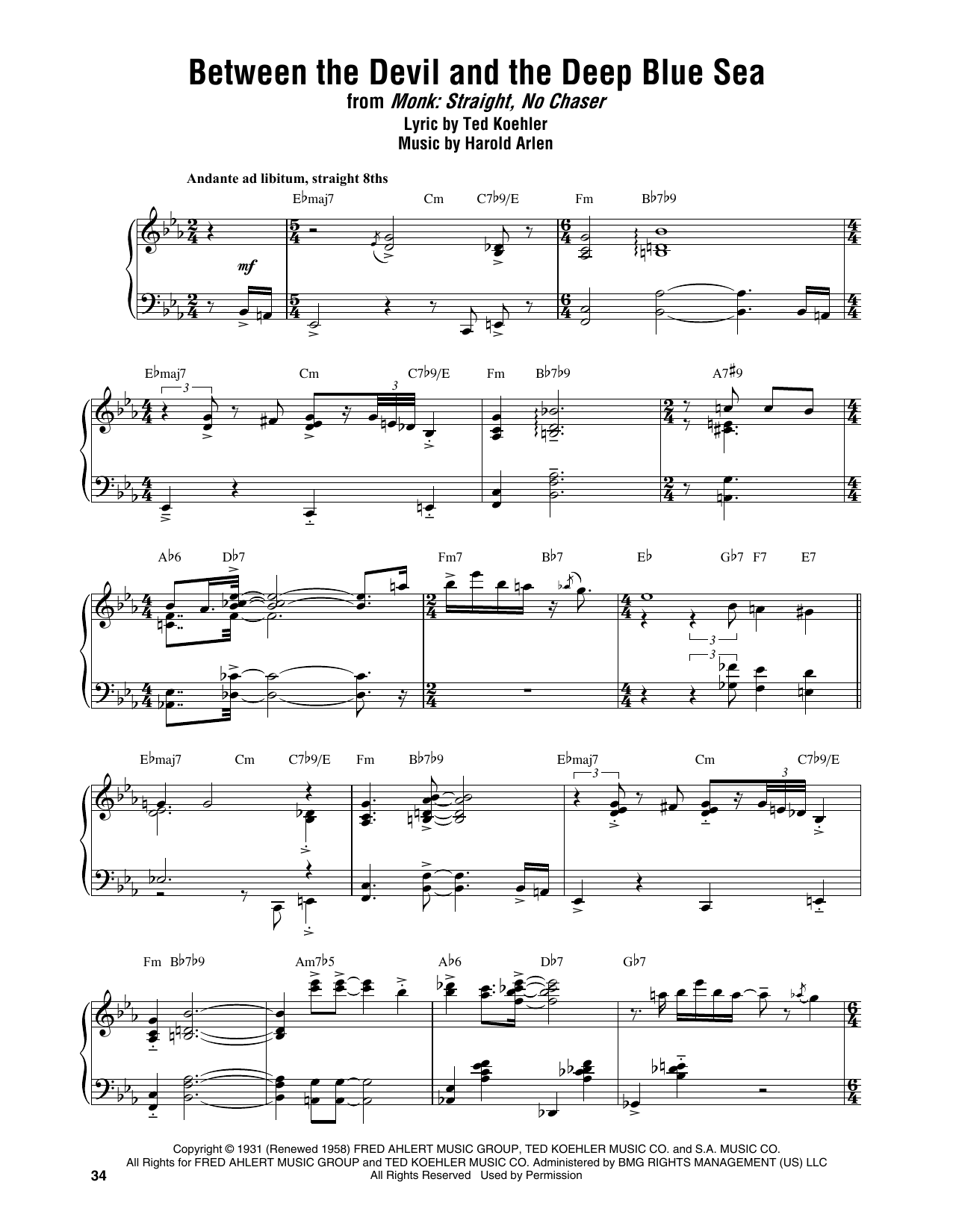 Thelonious Monk Between The Devil And The Deep Blue Sea Sheet Music Notes & Chords for Piano Transcription - Download or Print PDF