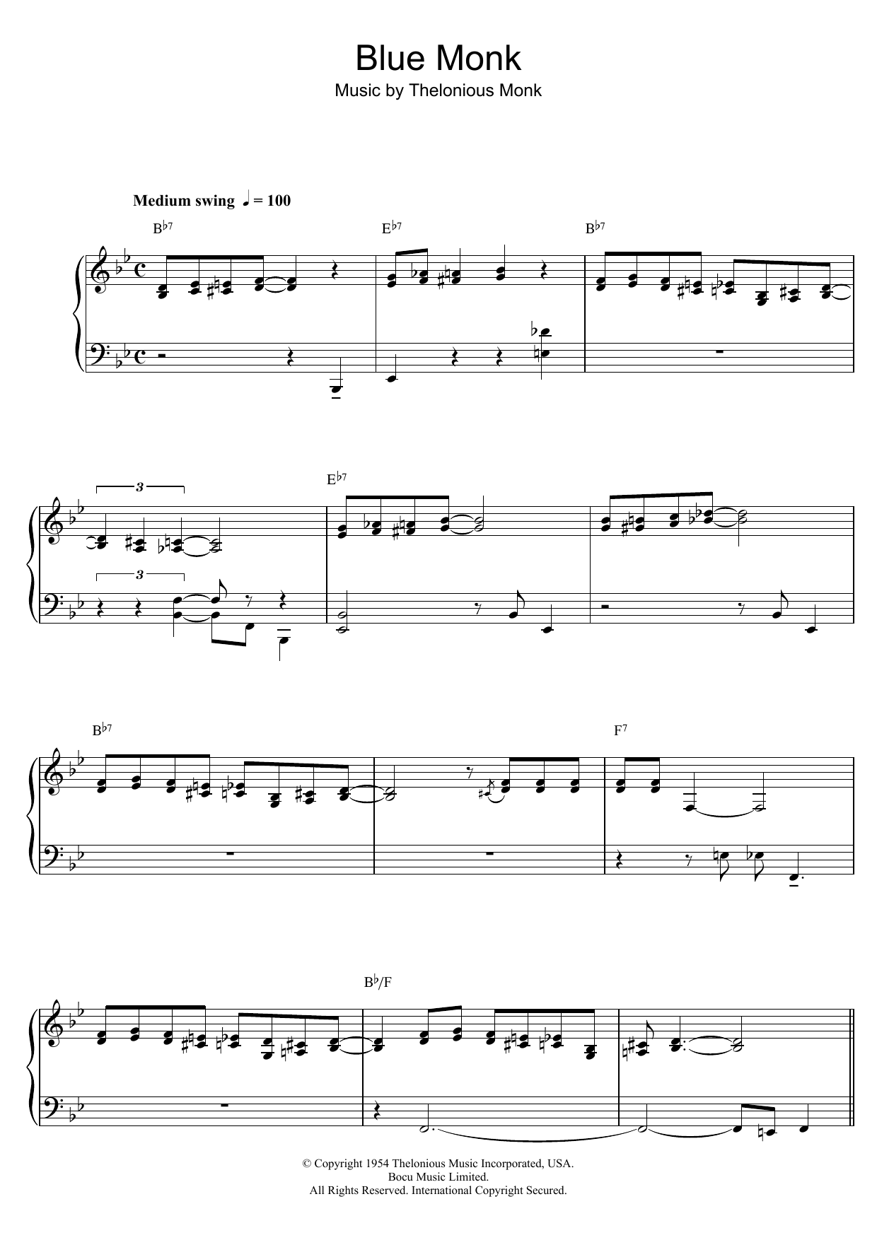 Thelonious Monk Blue Monk Sheet Music Notes & Chords for Beginner Piano - Download or Print PDF