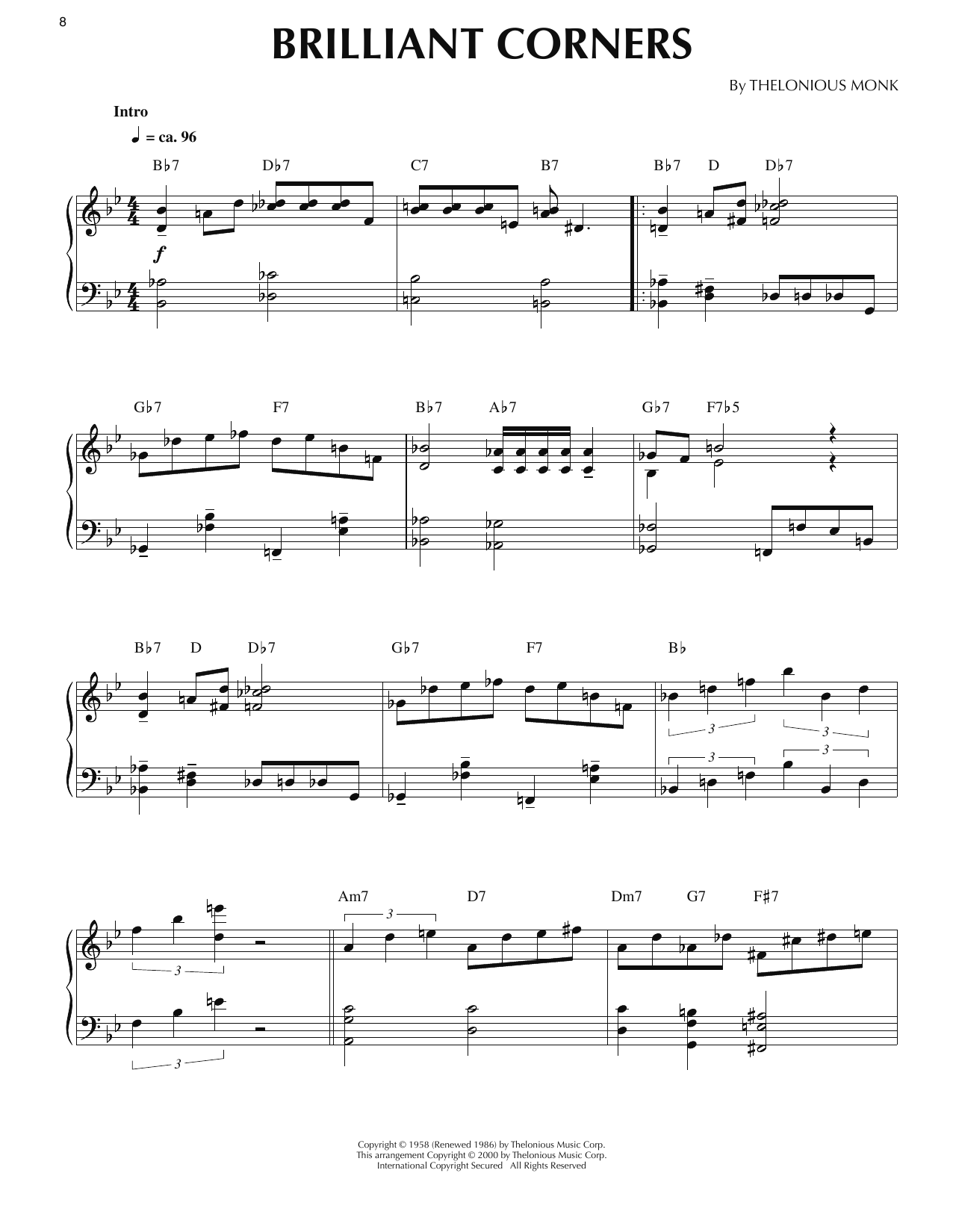 Thelonious Monk Brilliant Corners (arr. Ronnie Mathews) Sheet Music Notes & Chords for Piano Solo - Download or Print PDF