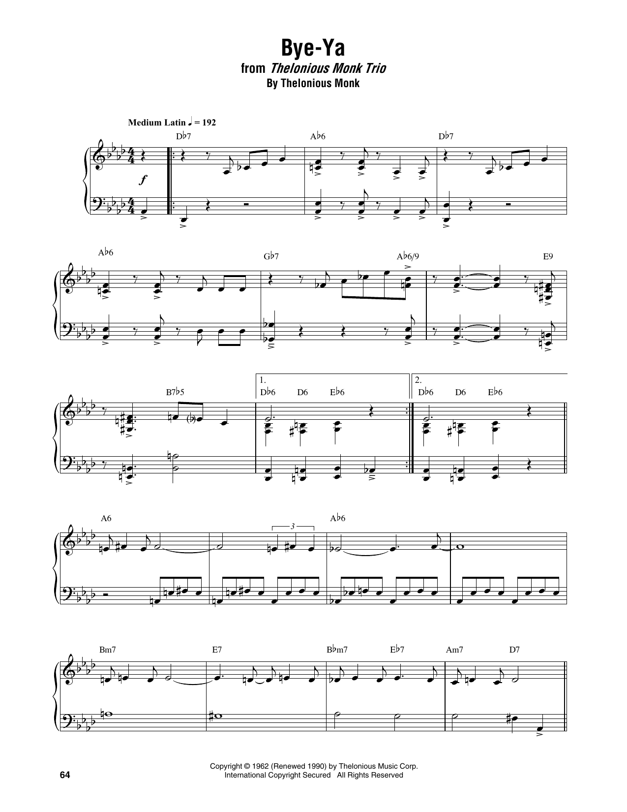 Thelonious Monk Bye-Ya Sheet Music Notes & Chords for Piano Transcription - Download or Print PDF