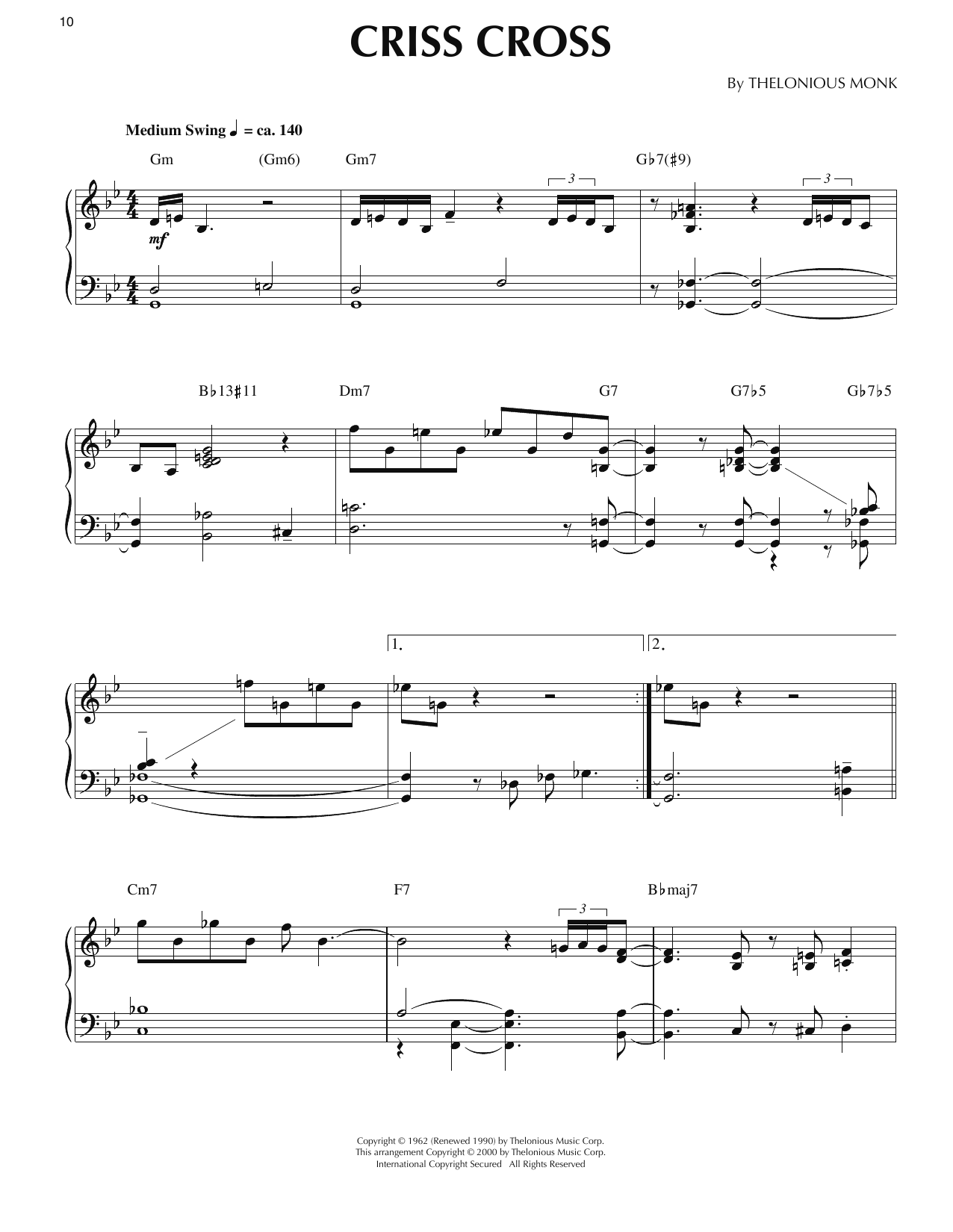 Thelonious Monk Criss Cross (arr. Ronnie Mathews) Sheet Music Notes & Chords for Piano Solo - Download or Print PDF