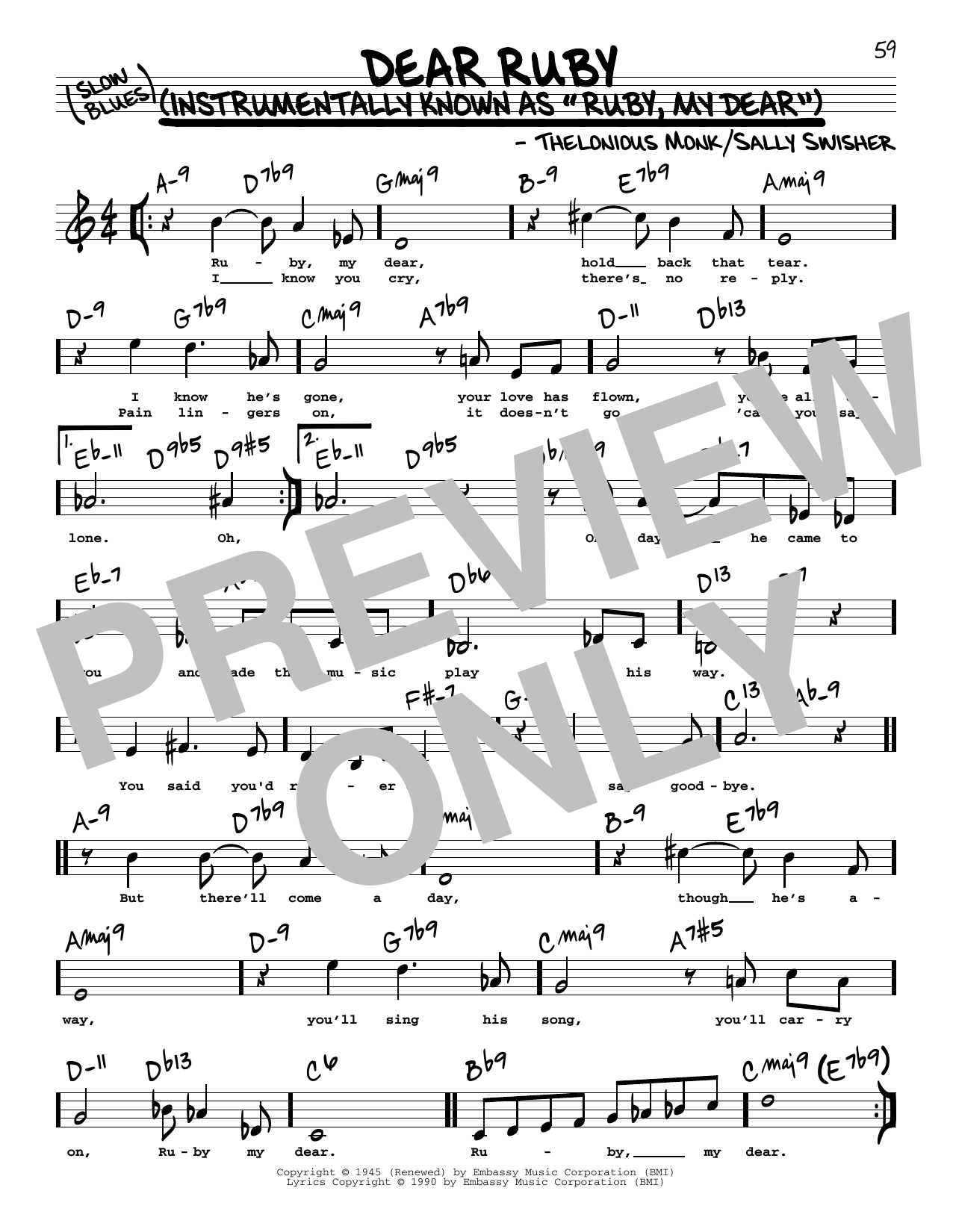 Thelonious Monk Dear Ruby (High Voice) Sheet Music Notes & Chords for Real Book – Melody, Lyrics & Chords - Download or Print PDF