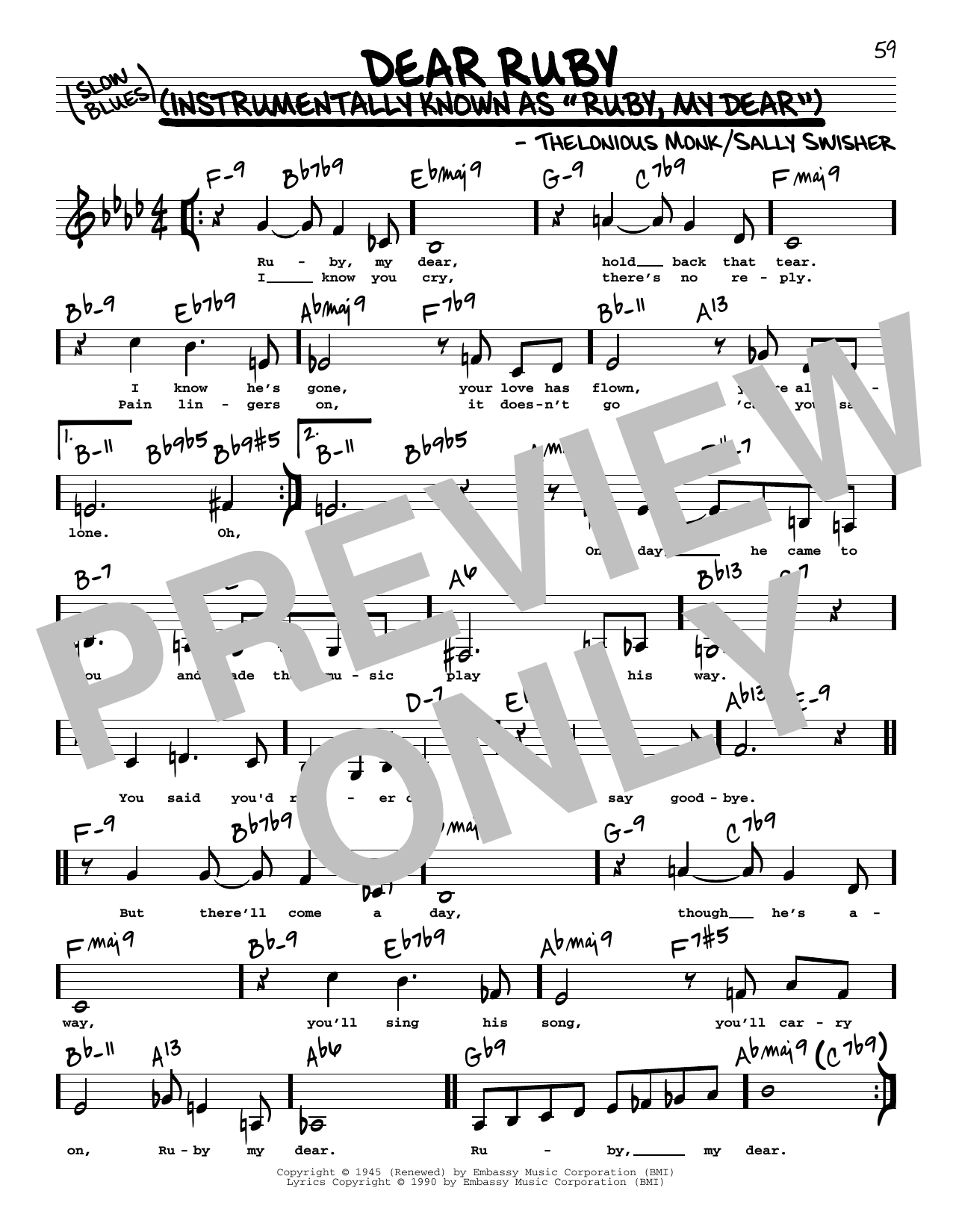 Thelonious Monk Dear Ruby (Low Voice) Sheet Music Notes & Chords for Real Book – Melody, Lyrics & Chords - Download or Print PDF