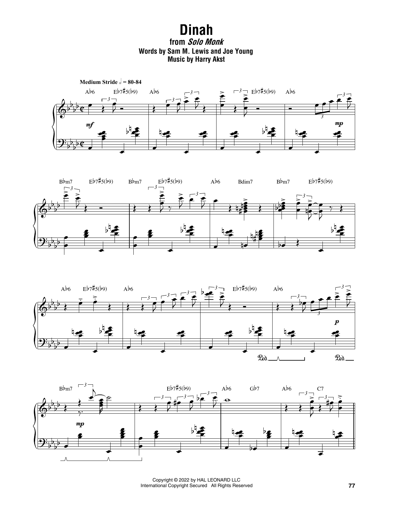 Thelonious Monk Dinah Sheet Music Notes & Chords for Piano Transcription - Download or Print PDF