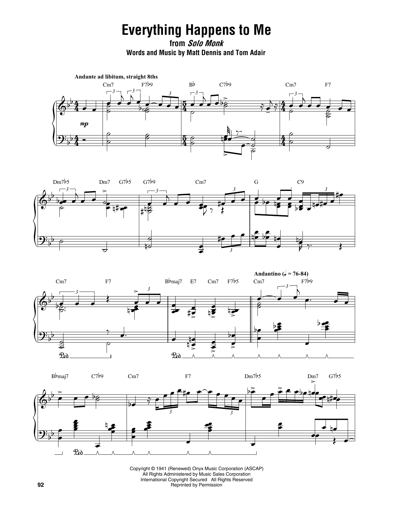 Thelonious Monk Everything Happens To Me Sheet Music Notes & Chords for Piano Transcription - Download or Print PDF