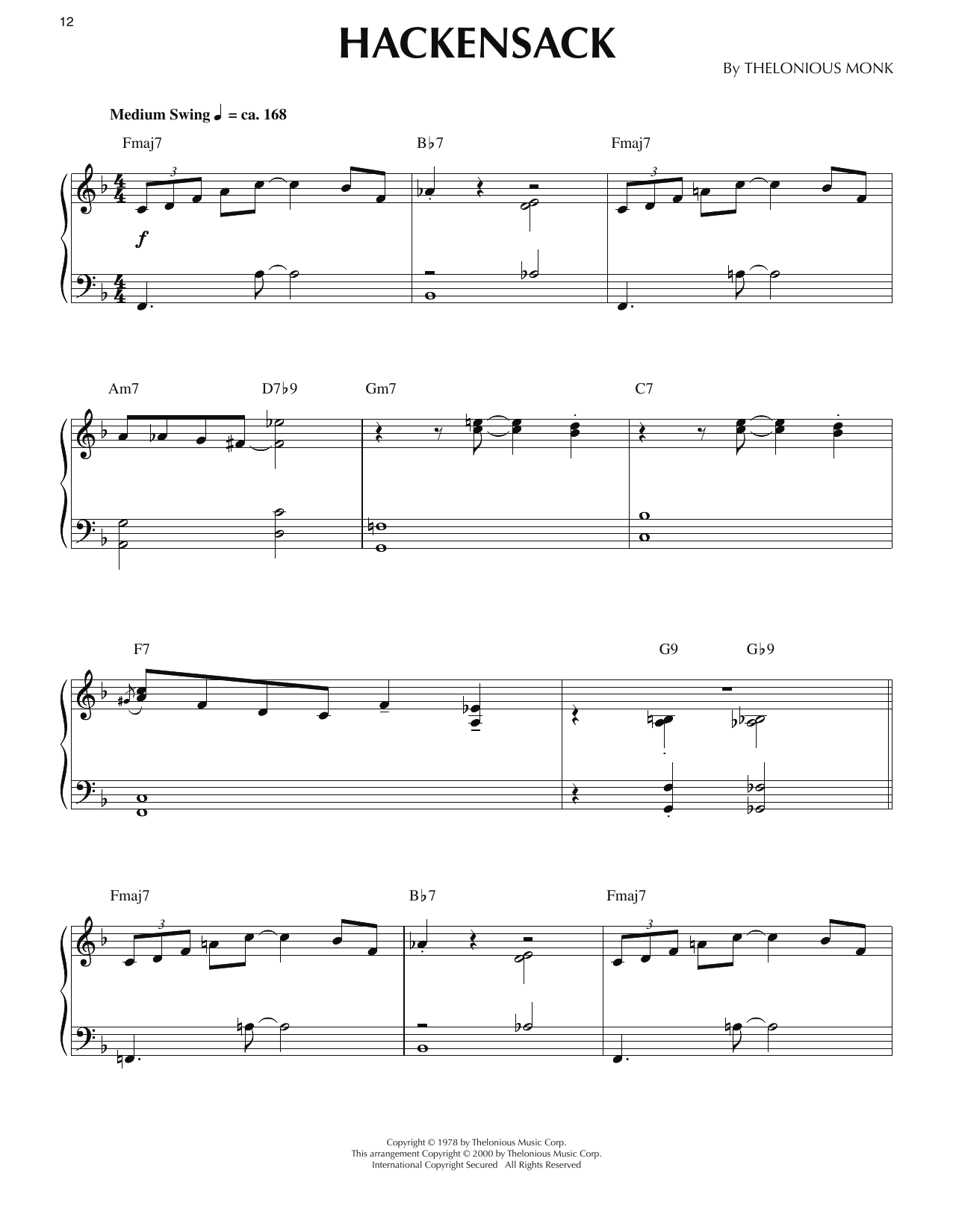 Thelonious Monk Hackensack (arr. Ronnie Mathews) Sheet Music Notes & Chords for Piano Solo - Download or Print PDF