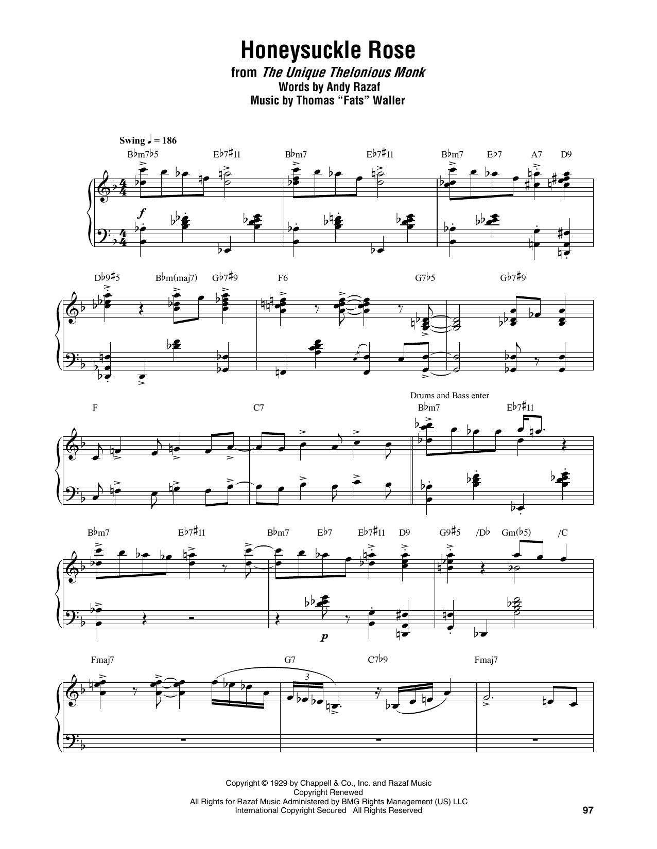 Thelonious Monk Honeysuckle Rose Sheet Music Notes & Chords for Piano Transcription - Download or Print PDF