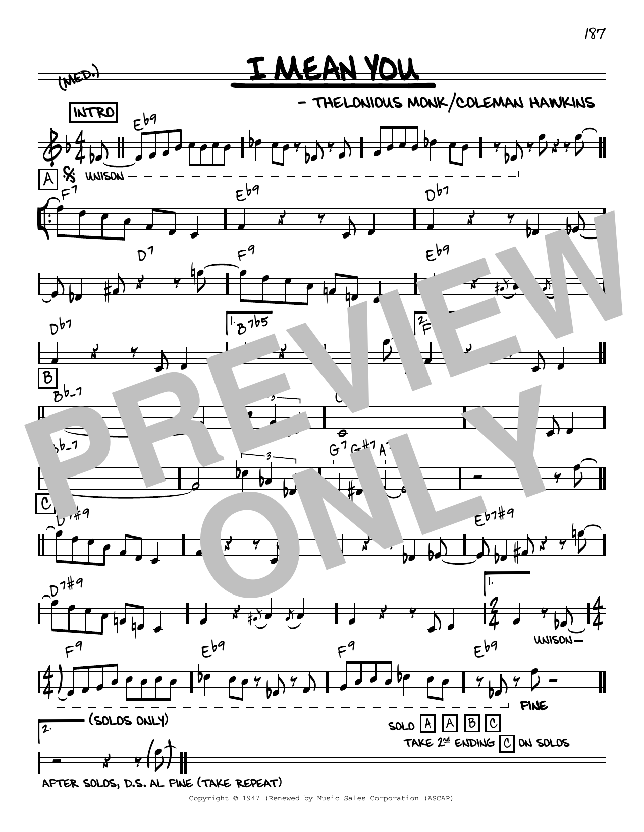 Thelonious Monk I Mean You [Reharmonized version] (arr. Jack Grassel) Sheet Music Notes & Chords for Real Book – Melody & Chords - Download or Print PDF