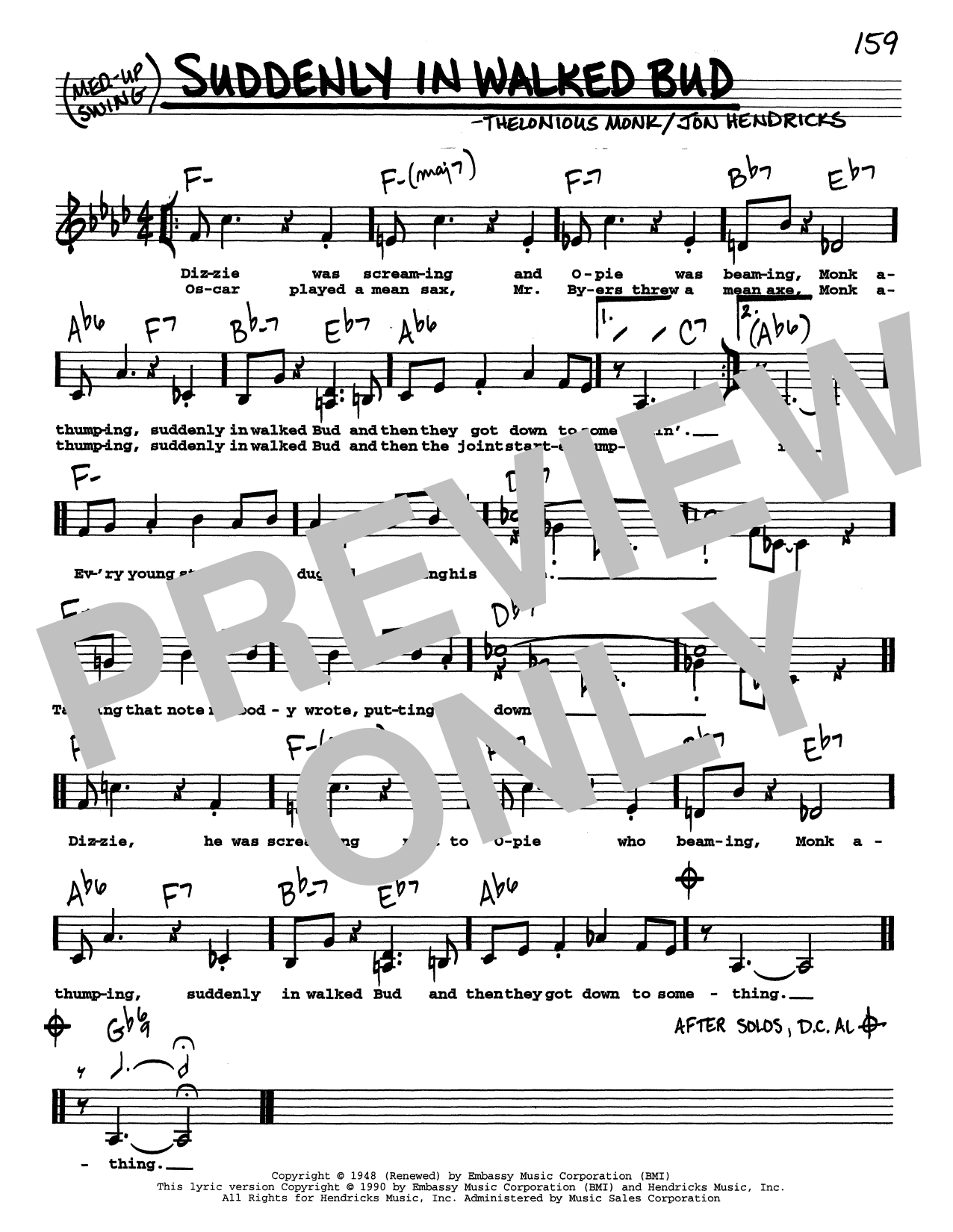Thelonious Monk In Walked Bud (Low Voice) Sheet Music Notes & Chords for Real Book – Melody, Lyrics & Chords - Download or Print PDF