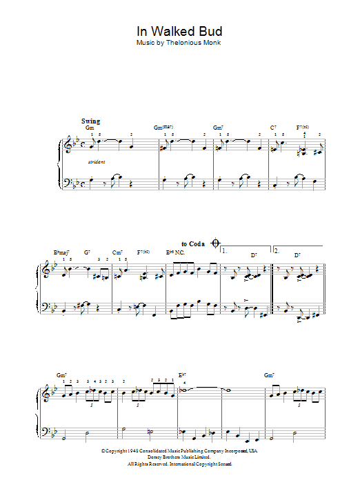 Thelonious Monk In Walked Bud Sheet Music Notes & Chords for Very Easy Piano - Download or Print PDF