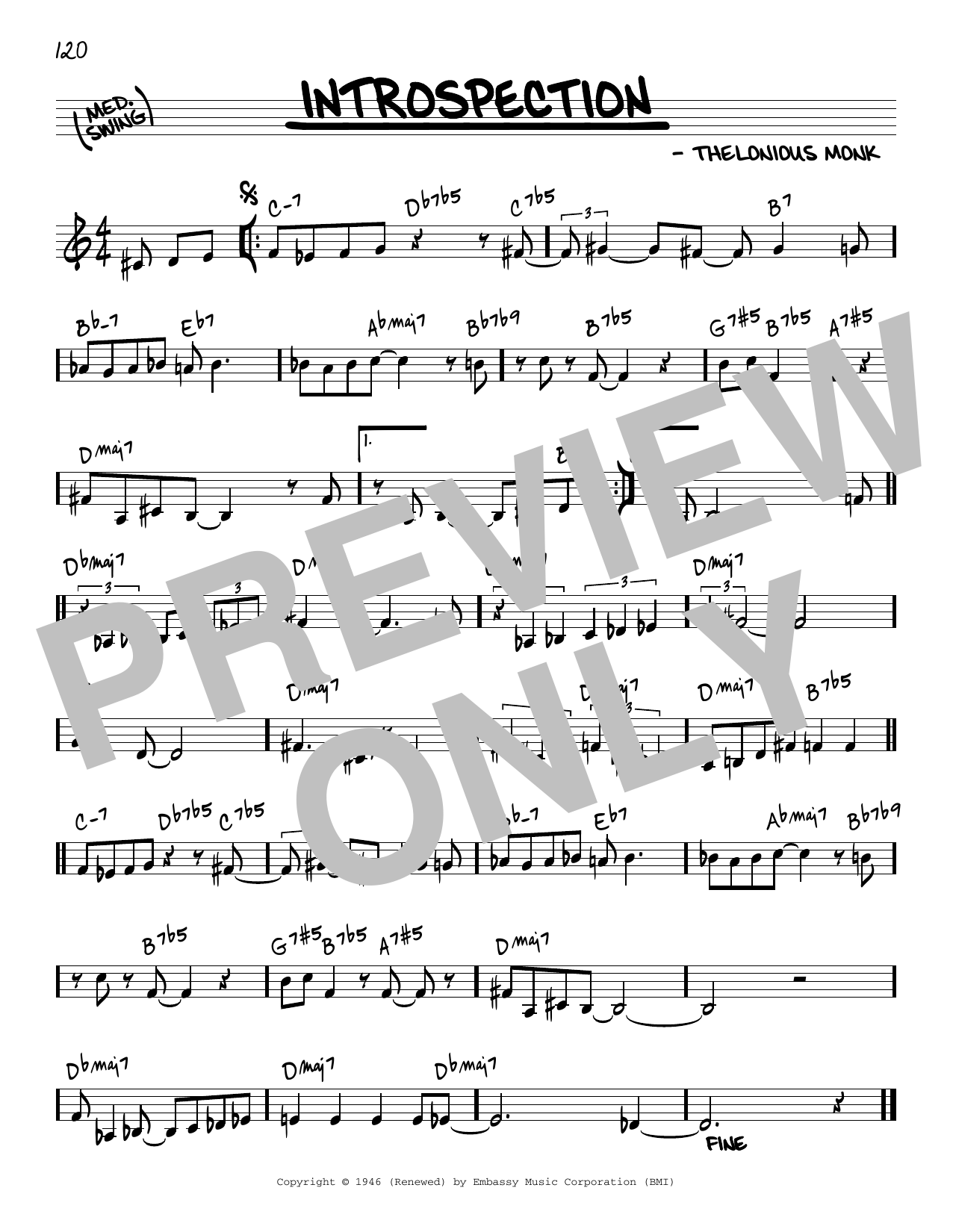 Thelonious Monk Introspection Sheet Music Notes & Chords for Real Book – Melody & Chords - Download or Print PDF
