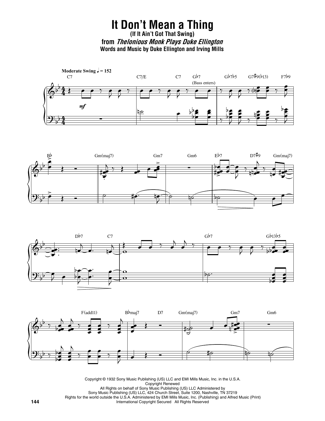 Thelonious Monk It Don't Mean A Thing (If It Ain't Got That Swing) Sheet Music Notes & Chords for Piano Transcription - Download or Print PDF
