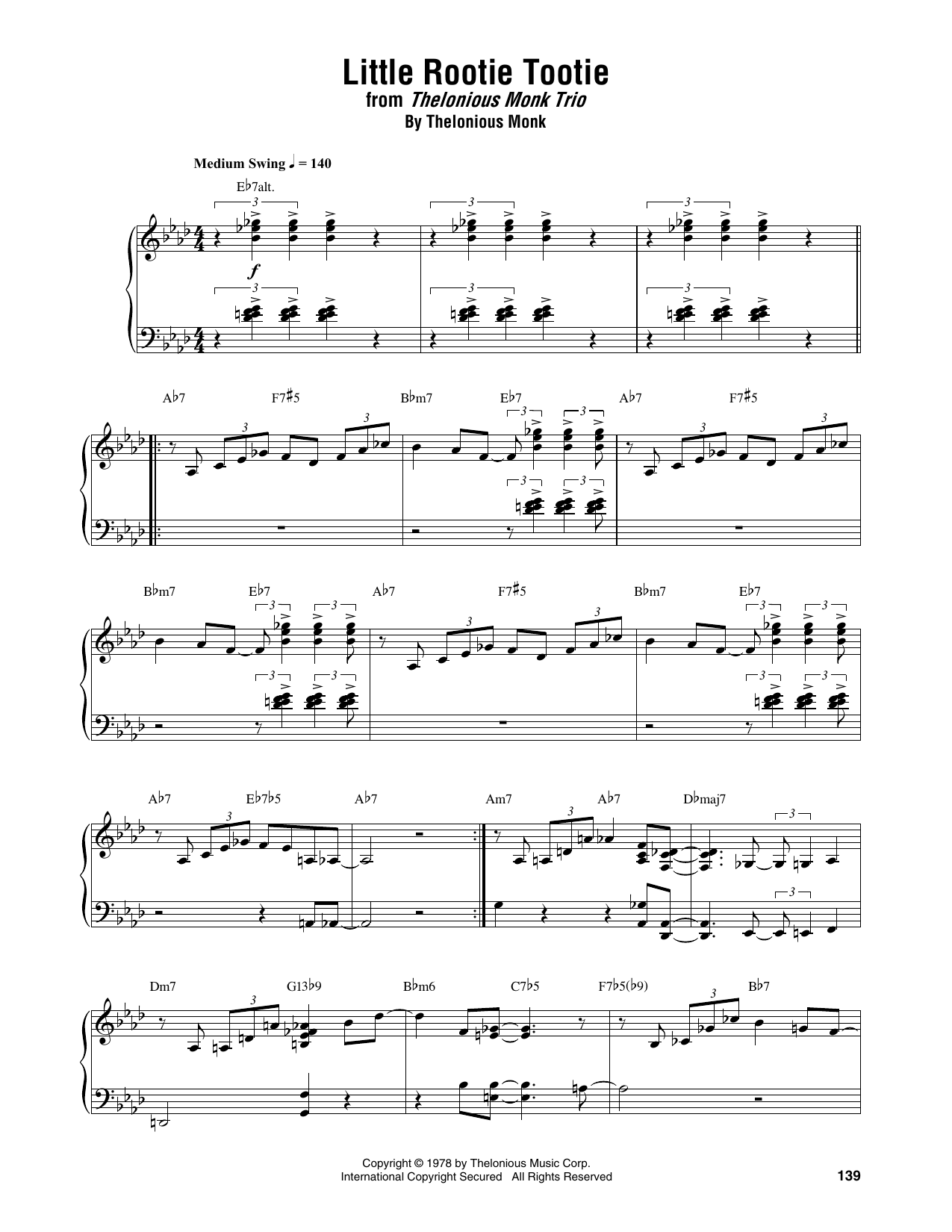 Thelonious Monk Little Rootie Tootie Sheet Music Notes & Chords for Piano Transcription - Download or Print PDF