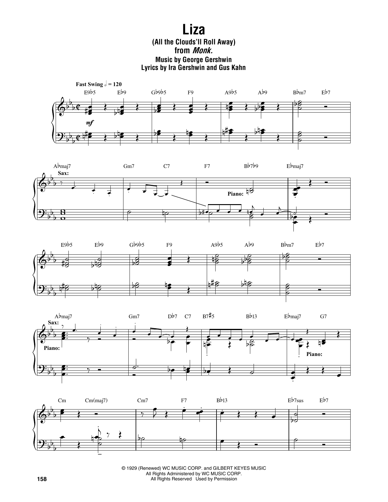 Thelonious Monk Liza (All The Clouds'll Roll Away) Sheet Music Notes & Chords for Piano Transcription - Download or Print PDF