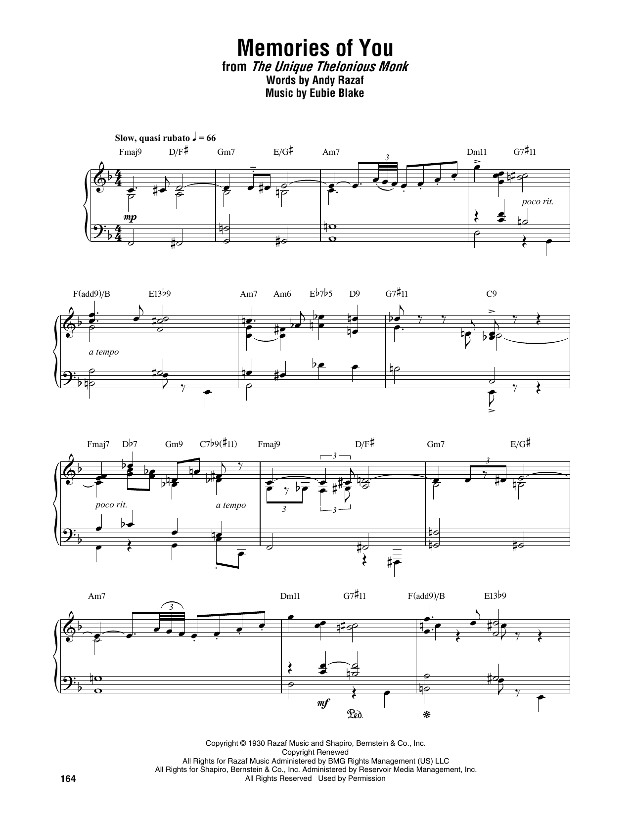 Thelonious Monk Memories Of You Sheet Music Notes & Chords for Piano Transcription - Download or Print PDF
