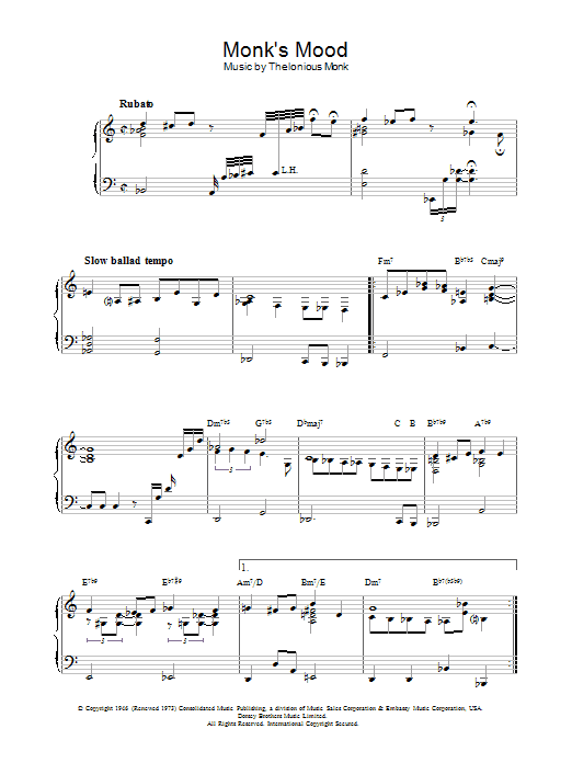 Thelonious Monk Monk's Mood Sheet Music Notes & Chords for Piano Transcription - Download or Print PDF