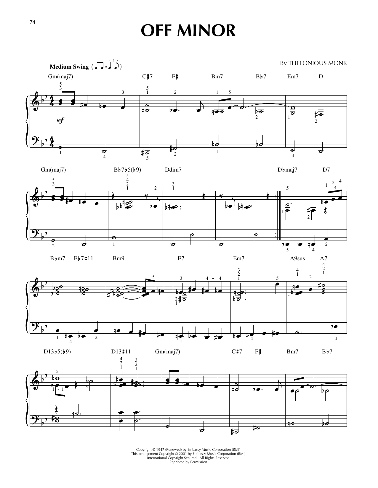 Thelonious Monk Off Minor (arr. Brent Edstrom & Jim Sodke) Sheet Music Notes & Chords for Piano Solo - Download or Print PDF