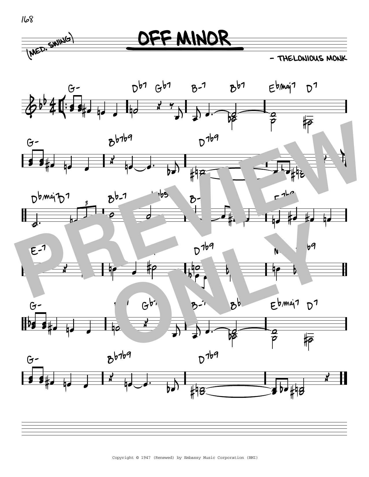 Thelonious Monk Off Minor Sheet Music Notes & Chords for Real Book - Melody & Chords - C Instruments - Download or Print PDF