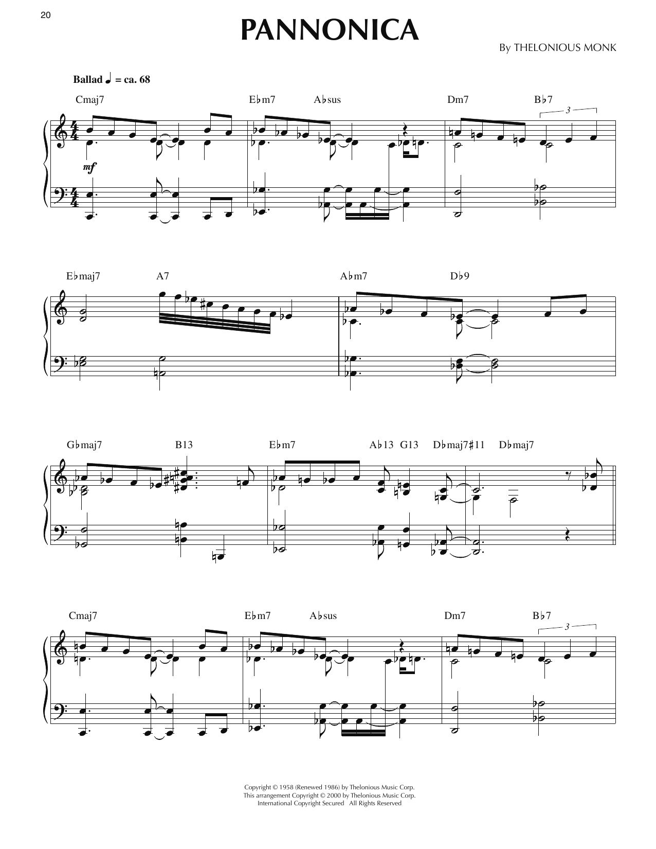 Thelonious Monk Pannonica (arr. Ronnie Mathews) Sheet Music Notes & Chords for Piano Solo - Download or Print PDF