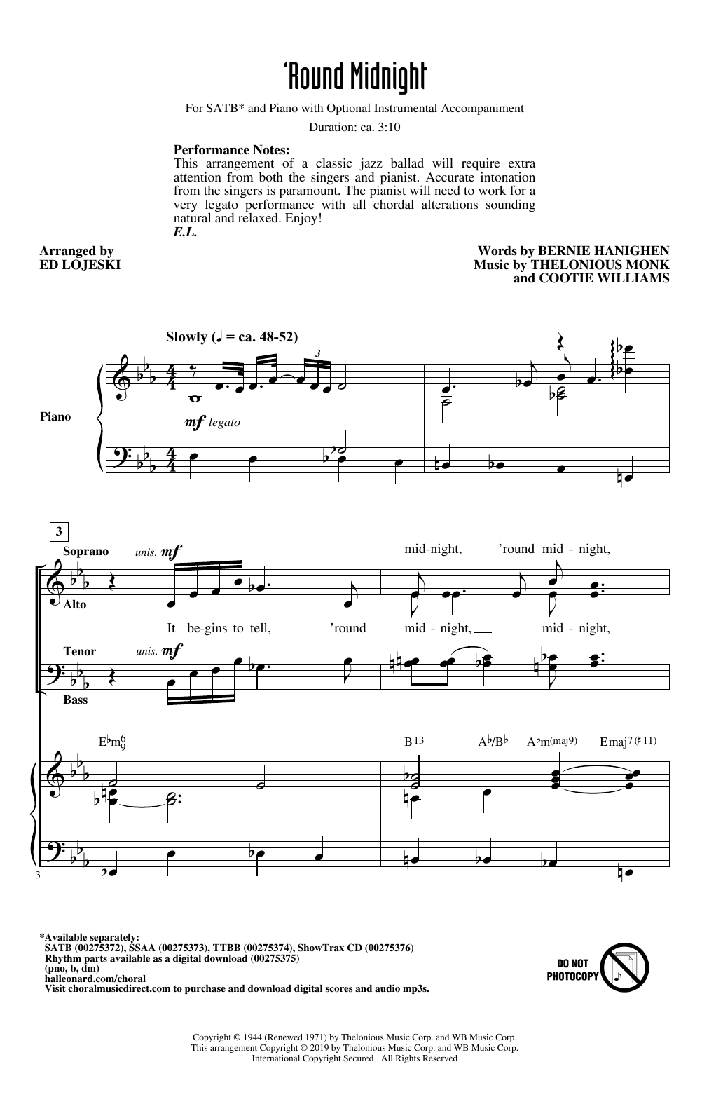 Thelonious Monk 'Round Midnight (arr. Ed Lojeski) Sheet Music Notes & Chords for TTBB Choir - Download or Print PDF