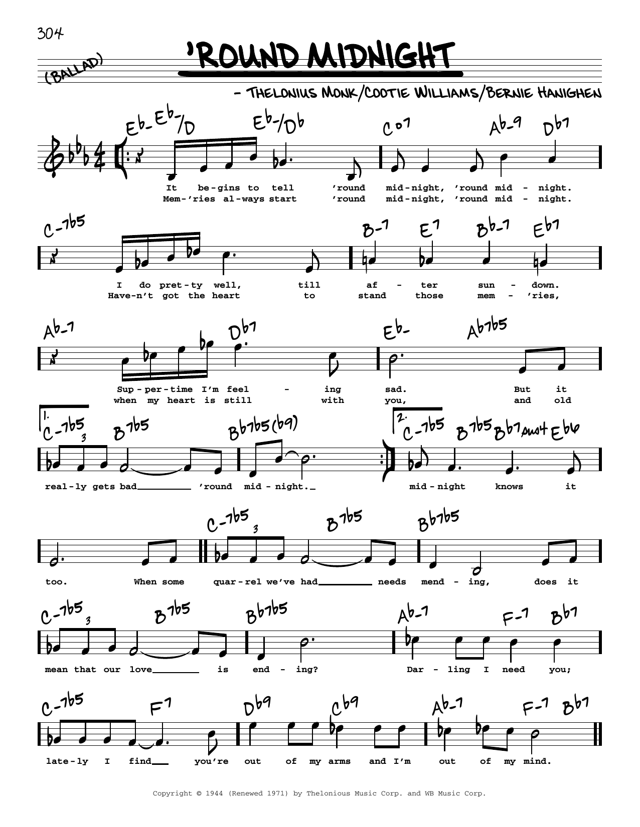 Thelonious Monk 'Round Midnight (High Voice) Sheet Music Notes & Chords for Real Book – Melody, Lyrics & Chords - Download or Print PDF