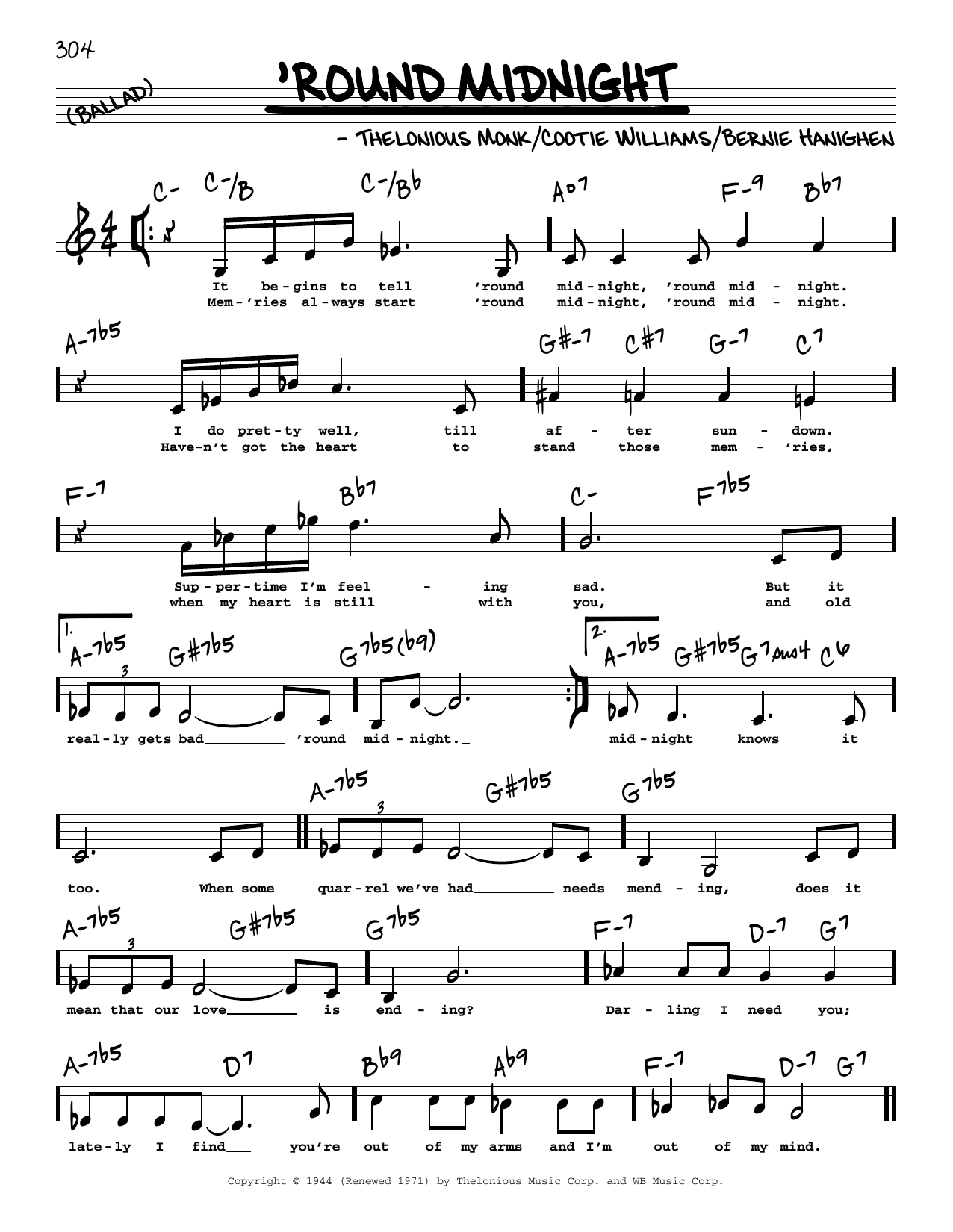 Thelonious Monk 'Round Midnight (Low Voice) Sheet Music Notes & Chords for Real Book – Melody, Lyrics & Chords - Download or Print PDF