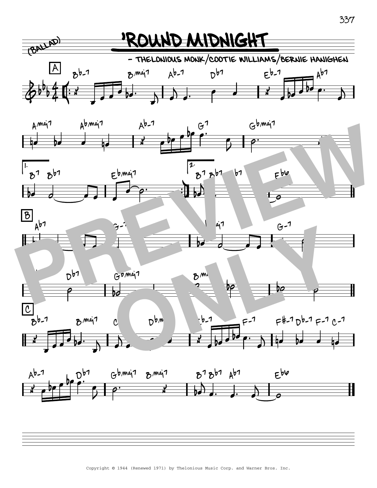 Thelonious Monk 'Round Midnight [Reharmonized version] (arr. Jack Grassel) Sheet Music Notes & Chords for Real Book – Melody & Chords - Download or Print PDF