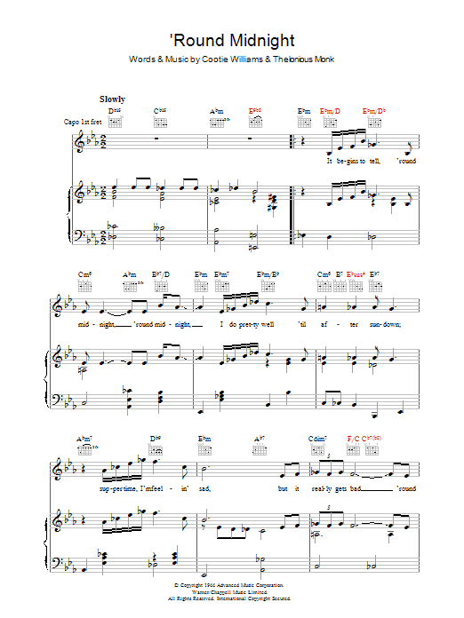 Thelonious Monk 'Round Midnight Sheet Music Notes & Chords for Real Book – Melody & Chords - Download or Print PDF