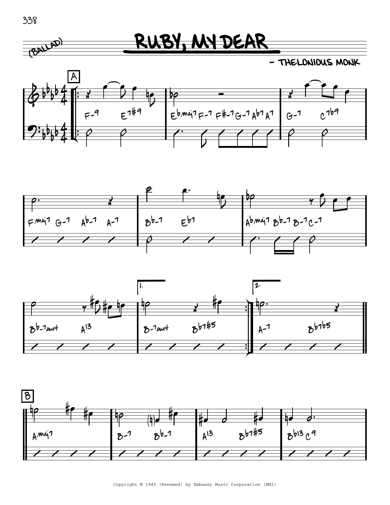 Thelonious Monk Ruby, My Dear [Reharmonized version] (arr. Jack Grassel) Sheet Music Notes & Chords for Real Book – Melody & Chords - Download or Print PDF