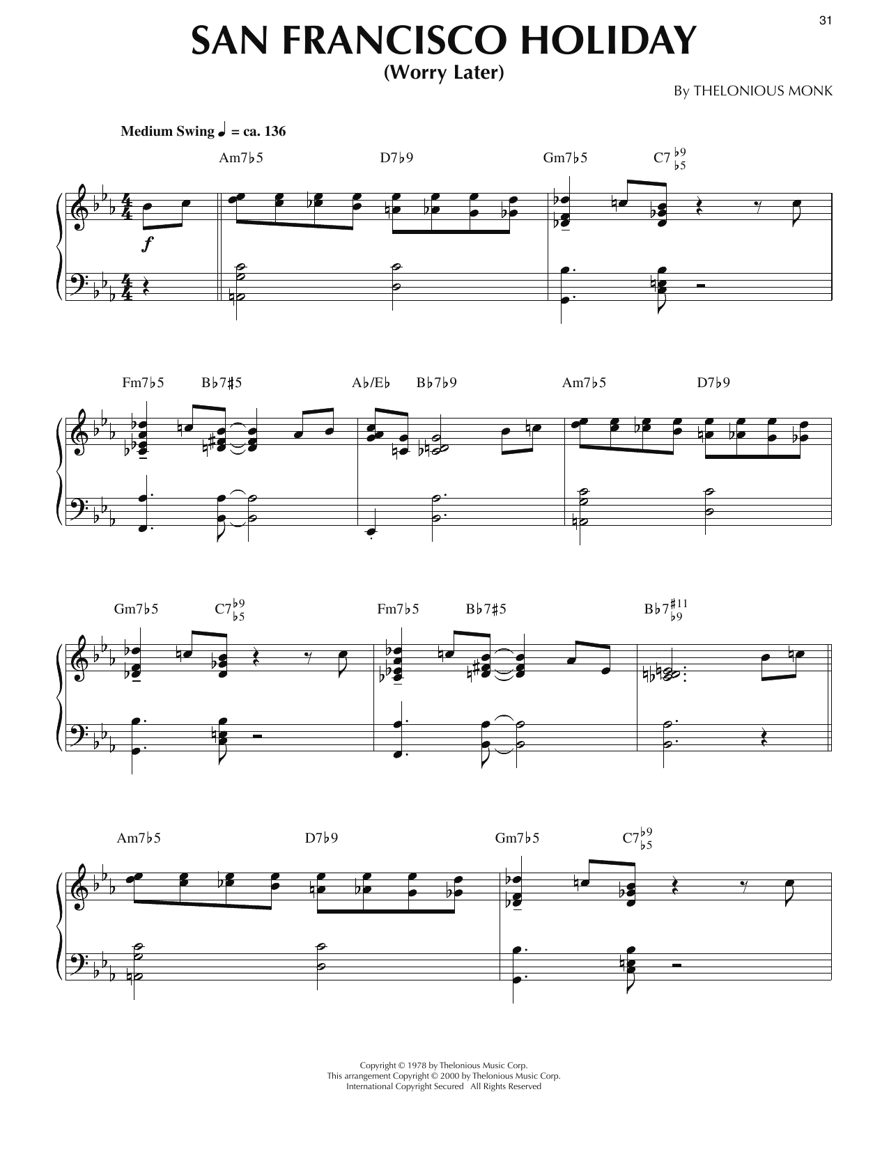 Thelonious Monk San Francisco Holiday (Worry Later) (arr. Ronnie Mathews) Sheet Music Notes & Chords for Piano Solo - Download or Print PDF