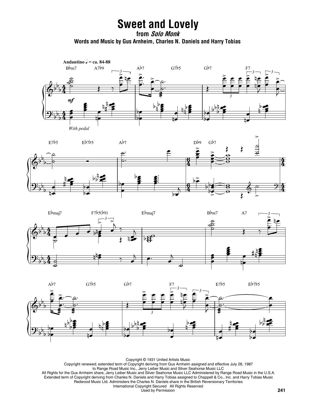Thelonious Monk Sweet And Lovely Sheet Music Notes & Chords for Piano Transcription - Download or Print PDF
