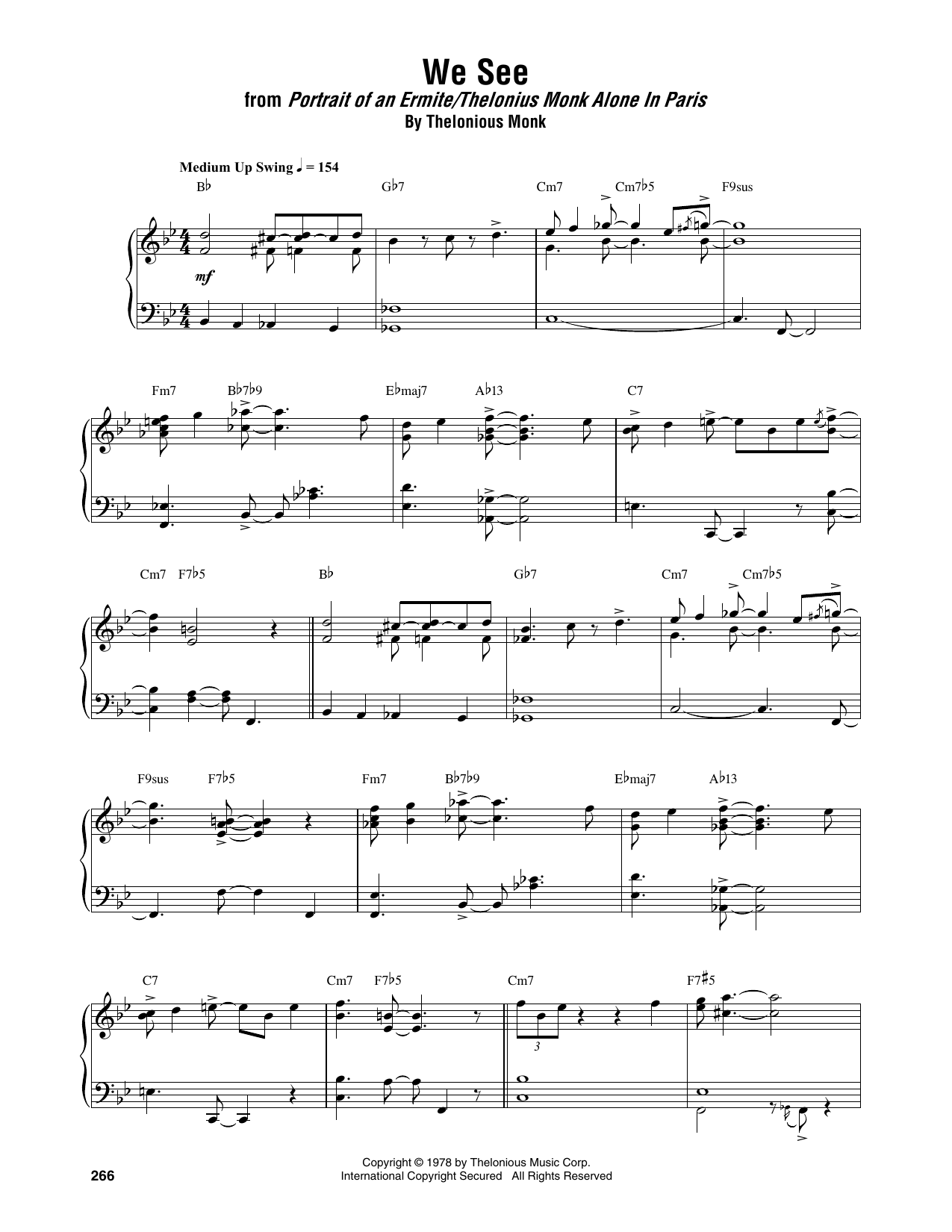Thelonious Monk We See Sheet Music Notes & Chords for Piano Transcription - Download or Print PDF