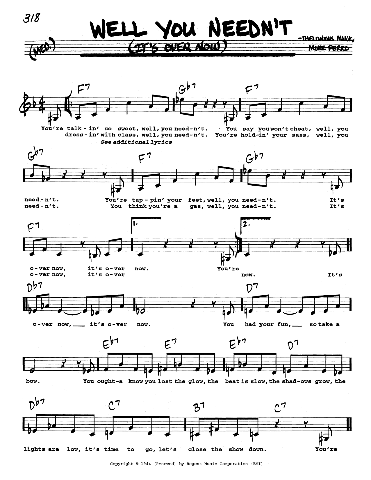 Thelonious Monk Well You Needn't (It's Over Now) (Low Voice) Sheet Music Notes & Chords for Real Book – Melody, Lyrics & Chords - Download or Print PDF