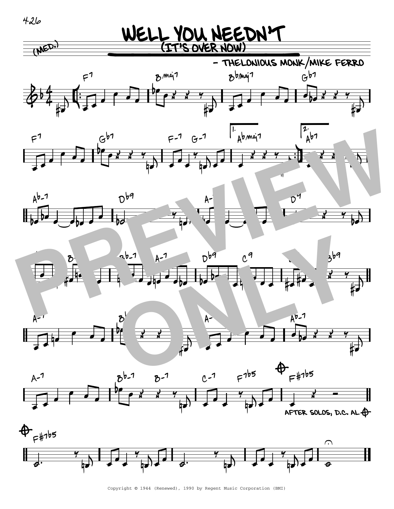 Thelonious Monk Well You Needn't (It's Over Now) [Reharmonized version] (arr. Jack Grassel) Sheet Music Notes & Chords for Real Book – Melody & Chords - Download or Print PDF