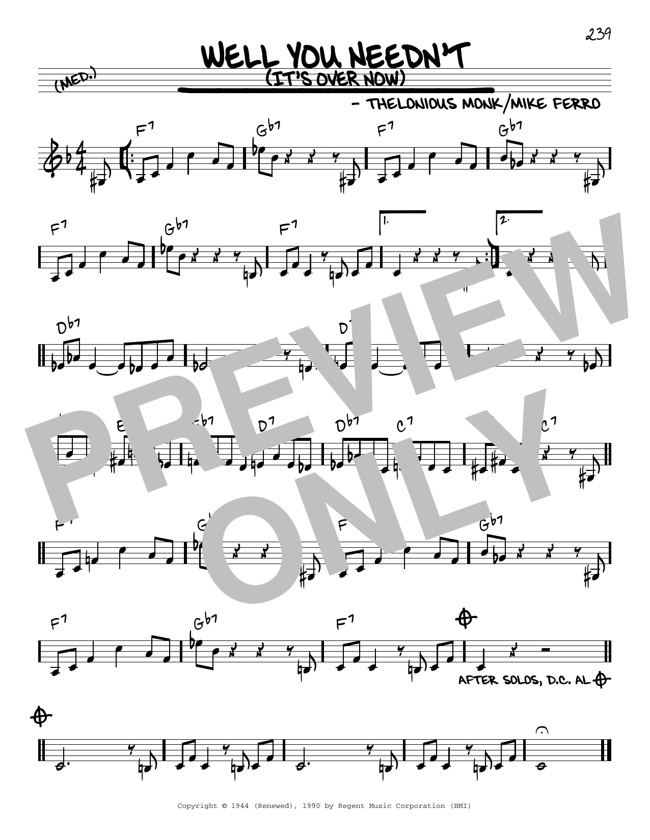 Thelonious Monk Well You Needn't (It's Over Now) Sheet Music Notes & Chords for Guitar Tab - Download or Print PDF