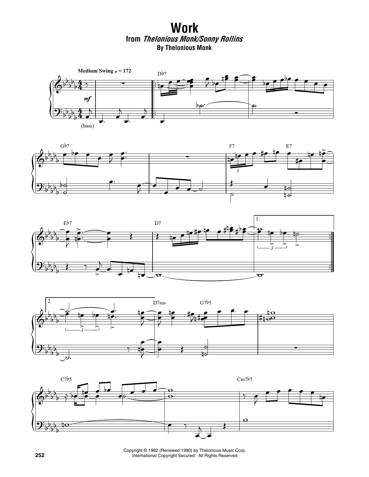 Thelonious Monk Work Sheet Music Notes & Chords for Piano Transcription - Download or Print PDF