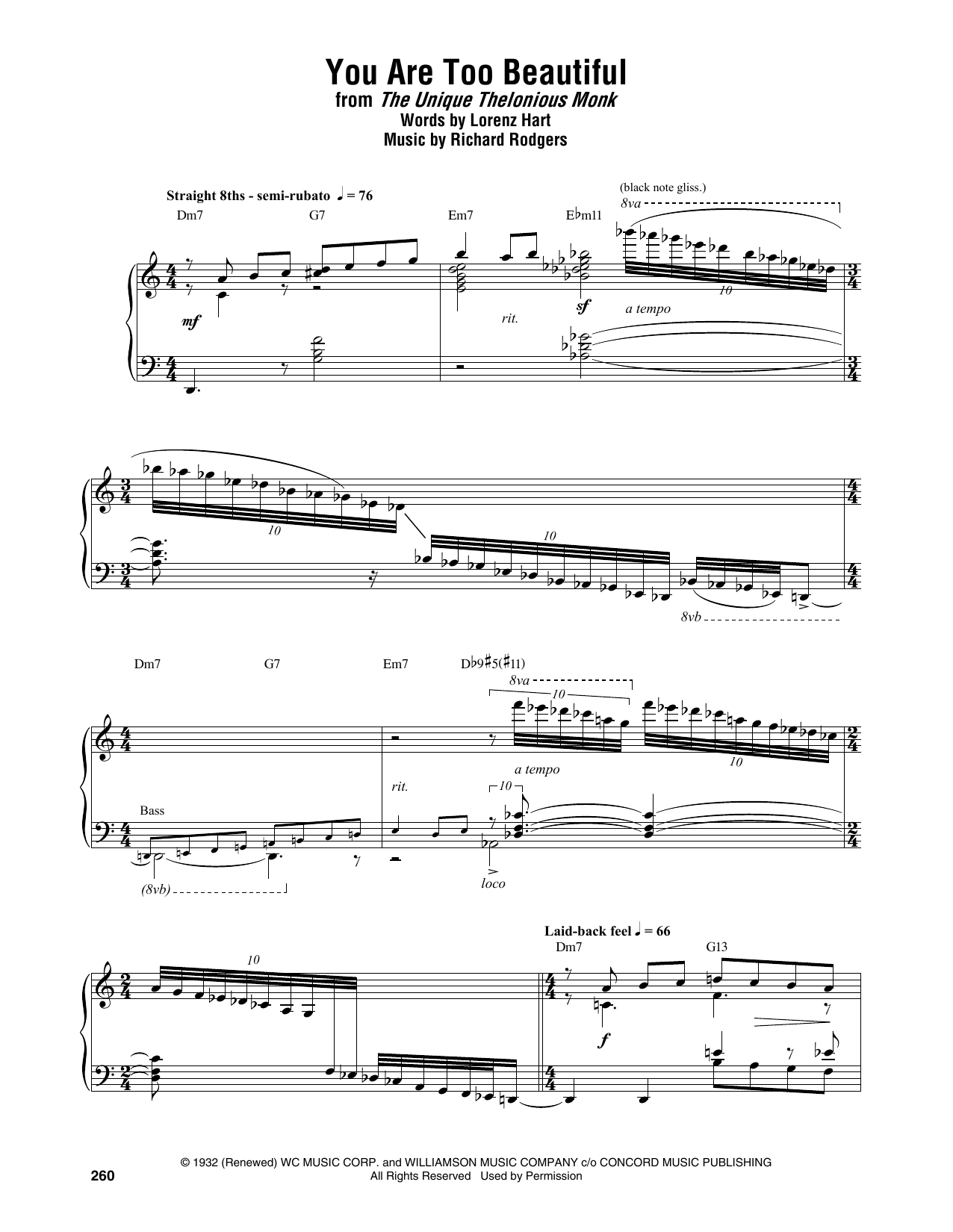Thelonious Monk You Are Too Beautiful Sheet Music Notes & Chords for Piano Transcription - Download or Print PDF