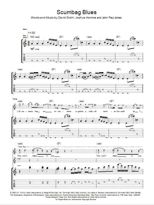 Them Crooked Vultures Scumbag Blues Sheet Music Notes & Chords for Guitar Tab - Download or Print PDF