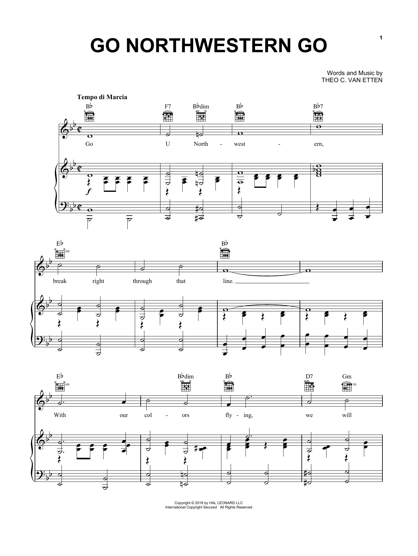 Theo C. Van Etten Go Northwestern Go (Go U Northwestern) Sheet Music Notes & Chords for Piano, Vocal & Guitar (Right-Hand Melody) - Download or Print PDF